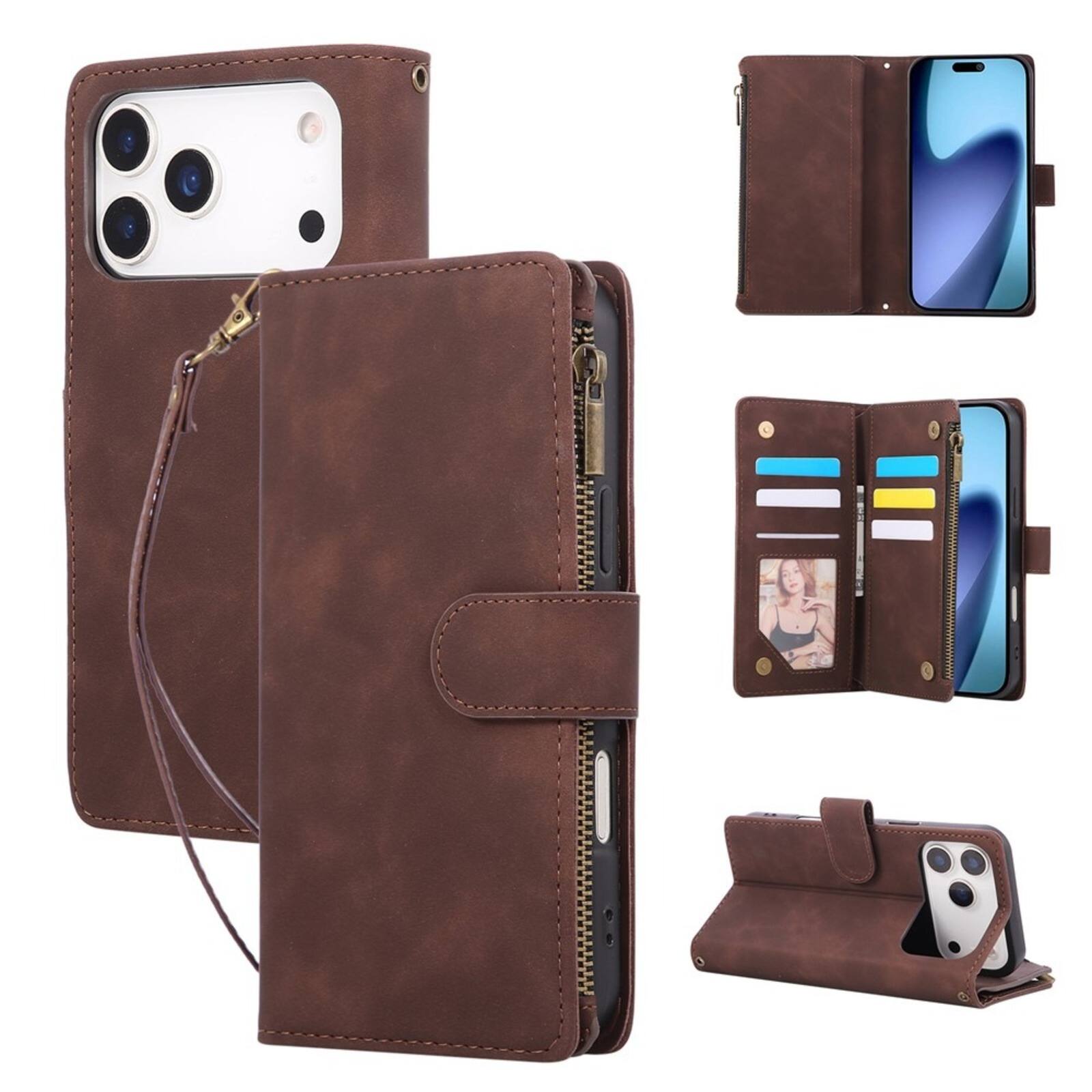 Angle. UUCOVER - Wallet Case for Apple iPhone 18 Pro with Card Slots Cash Holder, Zipper Pocket, Wrist & Shoulder Strap, Flip Stand Cover - Coffee.