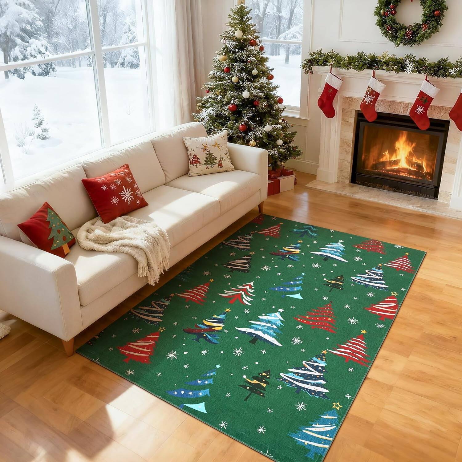 Front. Jojoka - Green 4x6 Christmas Rug Non-Slip Washable Xmas Tree Soft Low Pile for Living Room Bedroom Dining Area Holiday Decor - Green.