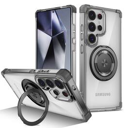 Dteck - Crystal Clear Magnetic Case for Samsung Galaxy S26 Ultra with Rotating Stand,Shockproof Anti-Yellow Transparent Cover - Black