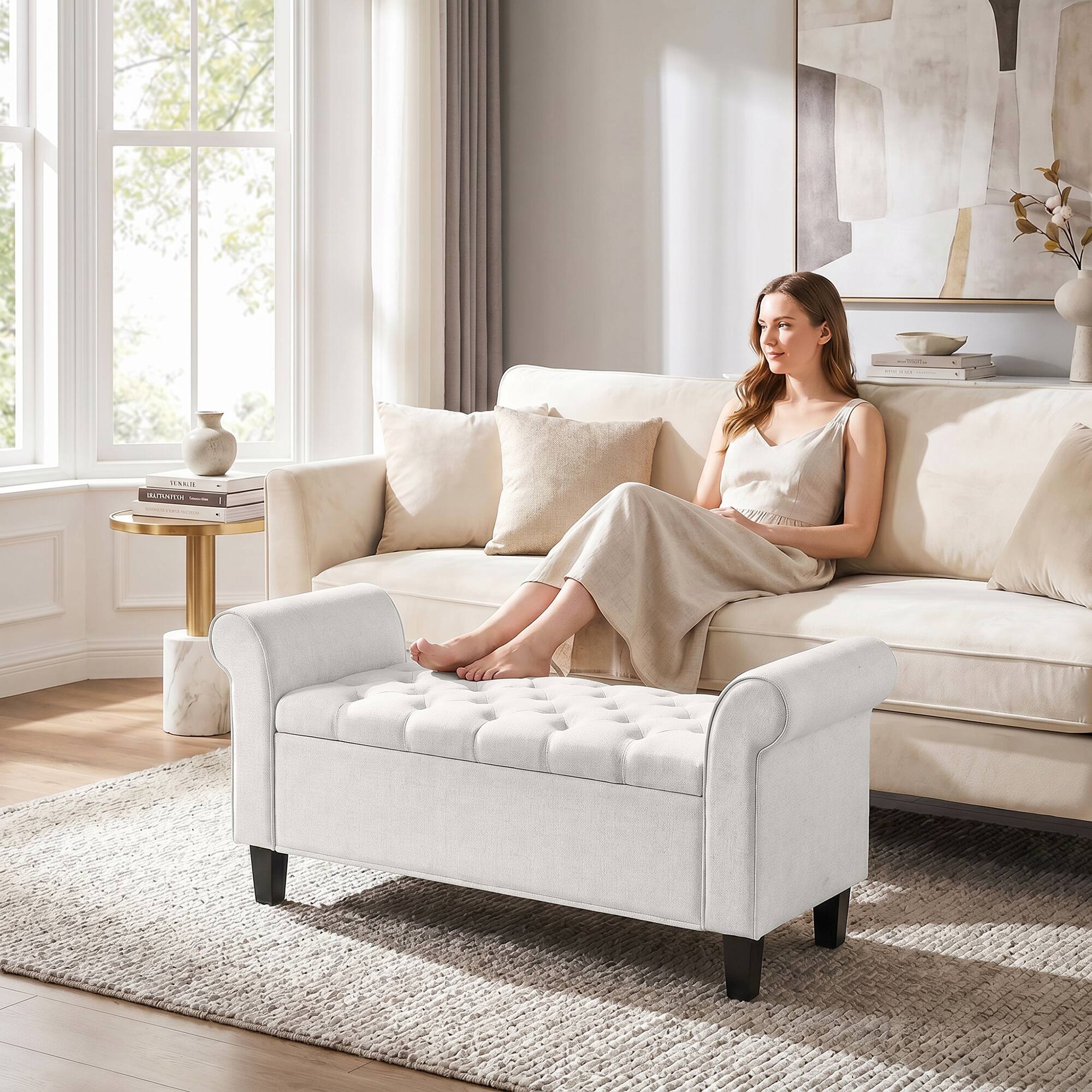 Alt View 7. Homcom - Storage Ottoman Bench, Tufted End of Bed Bench with Rolled Arms, Safety Hinge, Wood Legs for Bedroom - Cream White.