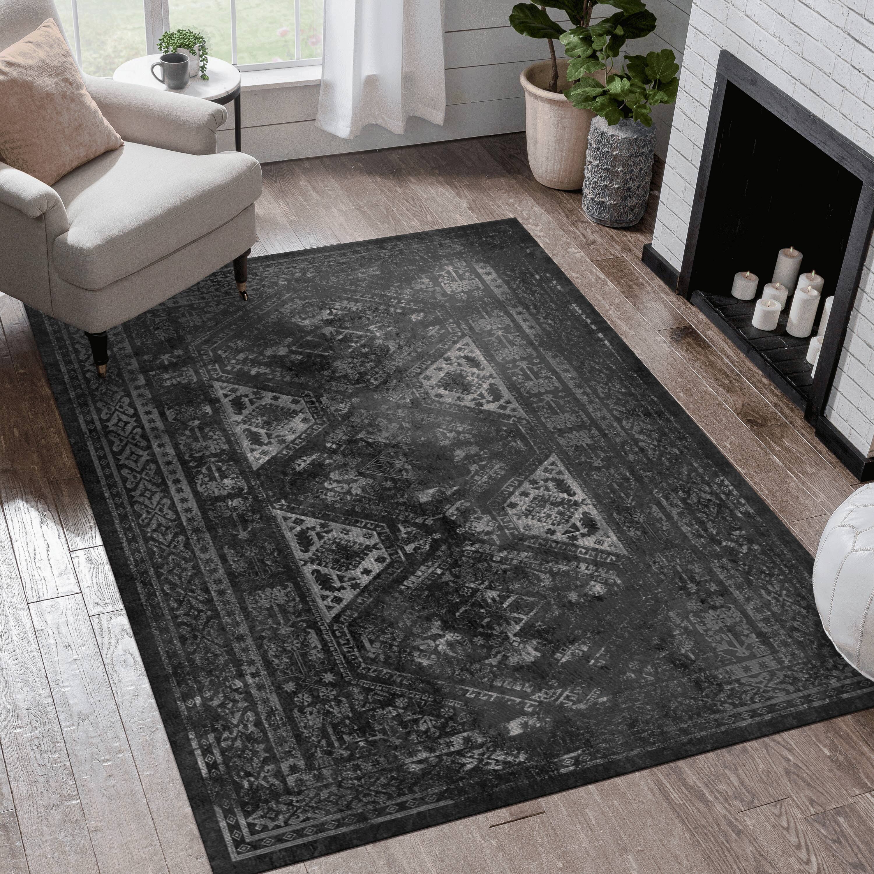 APRILSOUL - Machine Washable 8x10 Boho Area Rug Super Soft Non Slip Stain Resistant Foldable - Black+ Gray