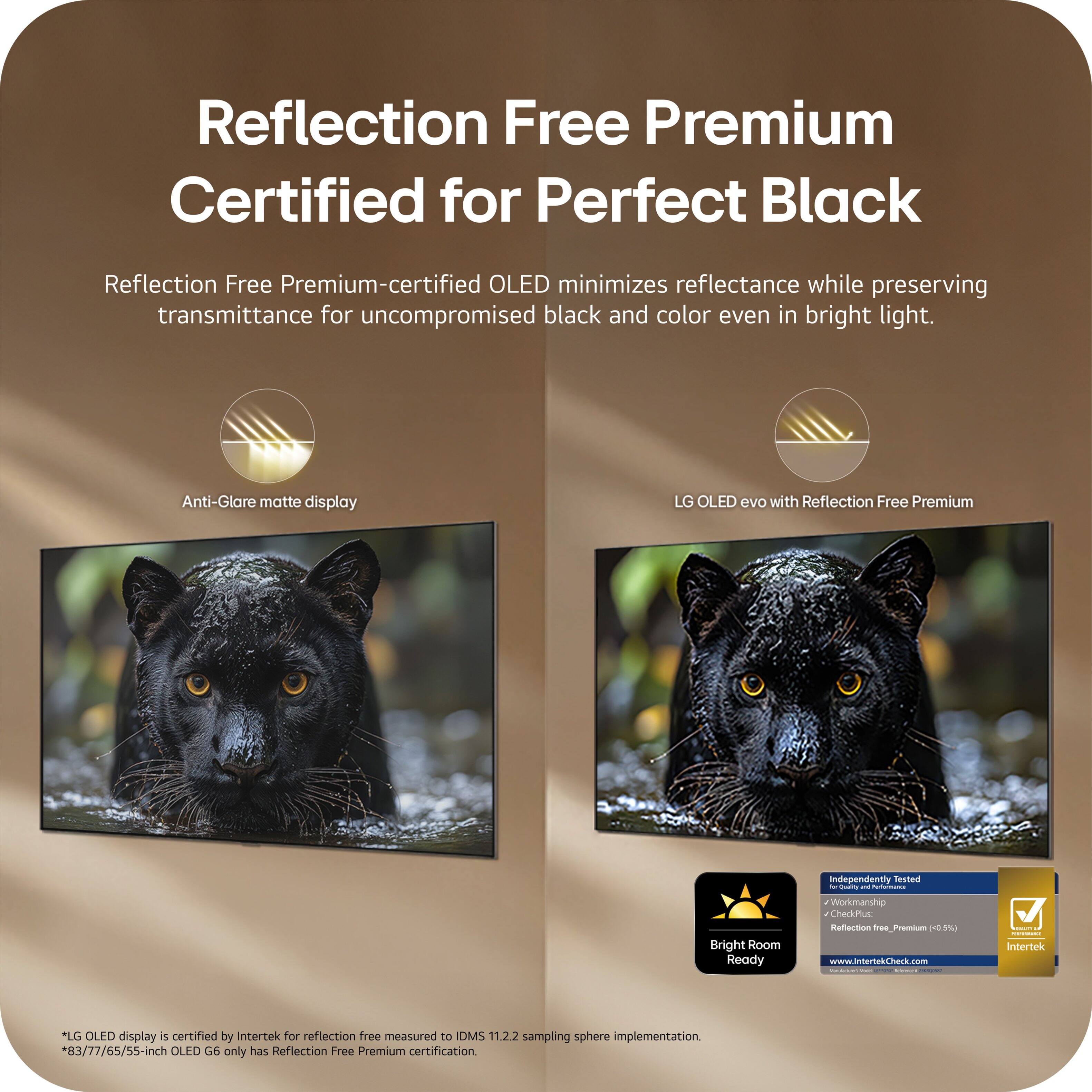 Reflection Free Premium  
Certified for Perfect Black

Reflection Free Premium-certified OLED minimizes reflectance while preserving transmittance for uncompromised black and color even in bright light.

Anti-Glare matte display

LG OLED evo with Reflection Free Premium

Bright Room Ready

Independently Tested  
- Workmanship  
- CheckPlus  
- Reflection free Premium (0.5%)  
www.intertekCheck.com

*LG OLED display is certified by Intertek for reflection free measured to IDMS 11.22 sampling sphere implementation.  
*83/77/65/55-inch OLED G6 only has Reflection Free Premium certification.