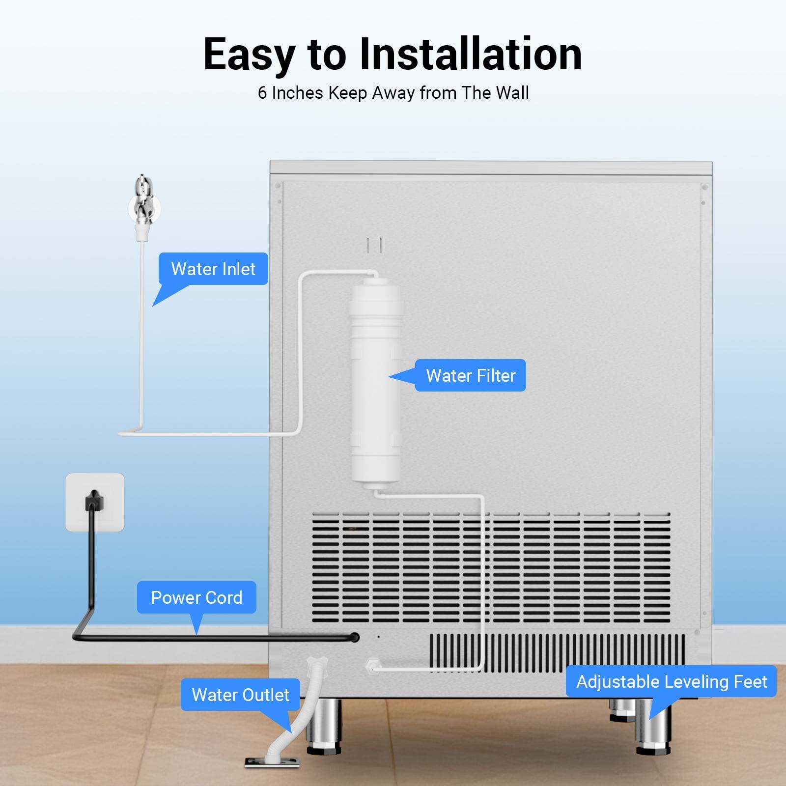 Easy to Installation  
6 Inches Keep Away from The Wall  

- Water Inlet  
- Water Filter  
- Power Cord  
- Water Outlet  
- Adjustable Leveling Feet