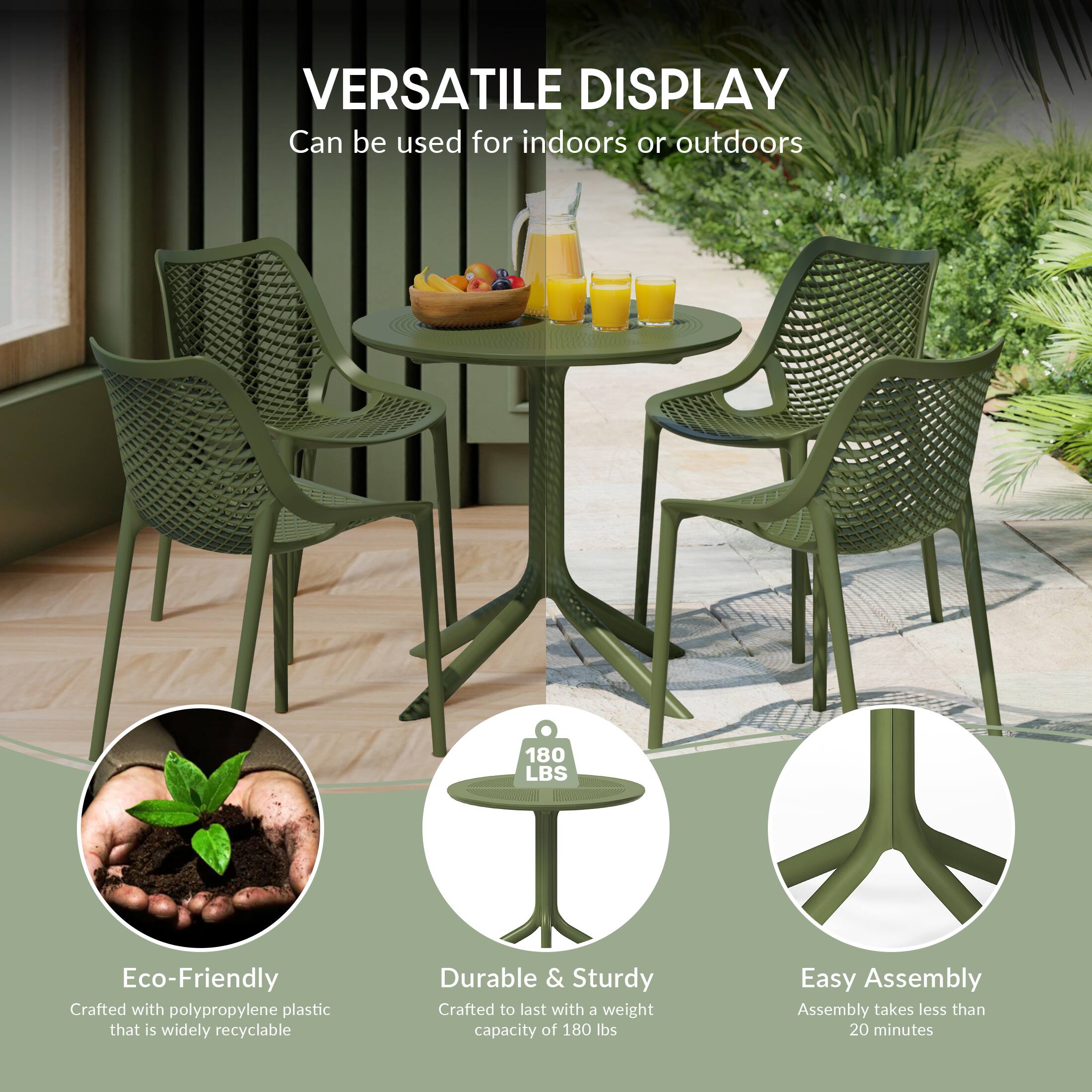 VERSATILE DISPLAY  
Can be used for indoors or outdoors  

180 LBS  
Eco-Friendly  
Crafted with polypropylene plastic that is widely recyclable  

Durable & Sturdy  
Crafted to last with a weight capacity of 180 lbs  

Easy Assembly  
Assembly takes less than 20 minutes