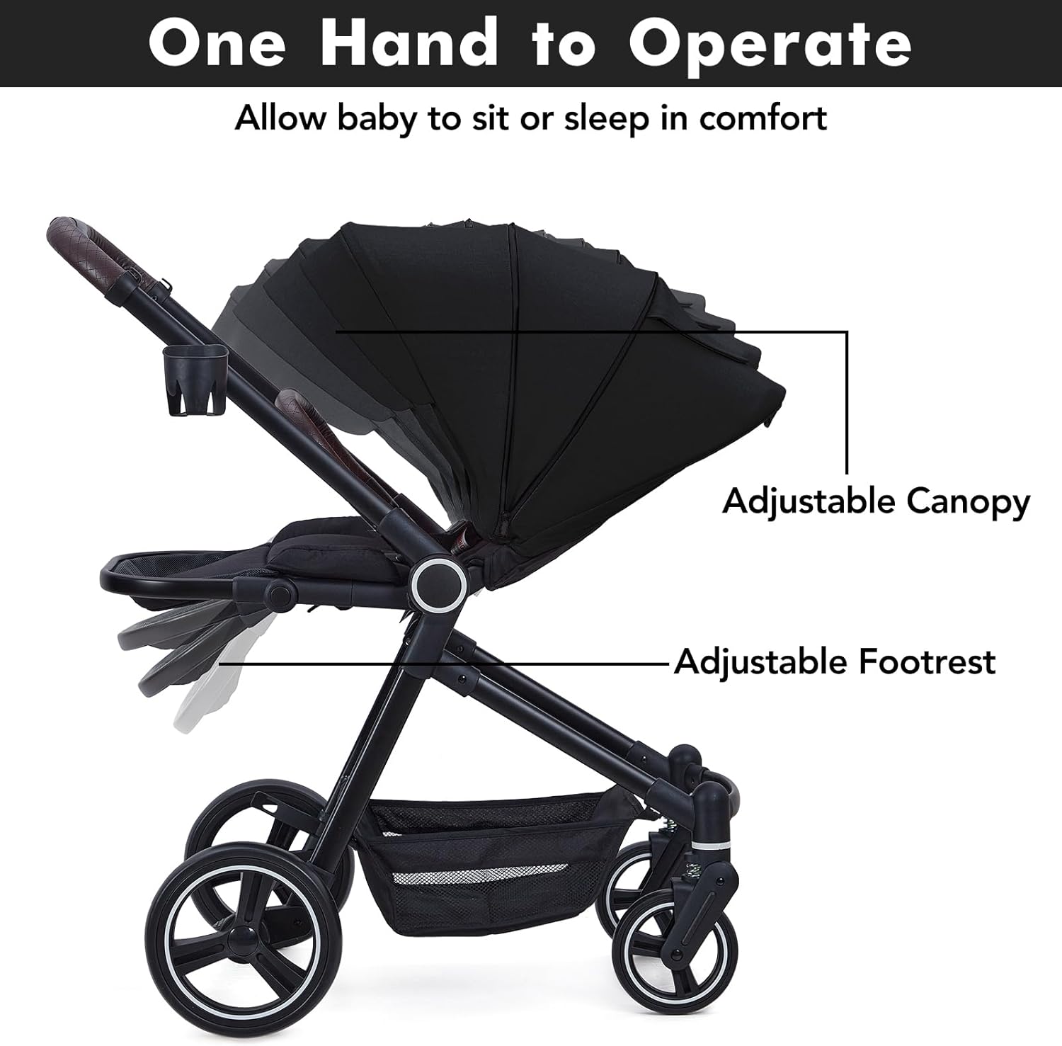 One Hand to Operate  
Allow baby to sit or sleep in comfort  
Adjustable Canopy  
Adjustable Footrest