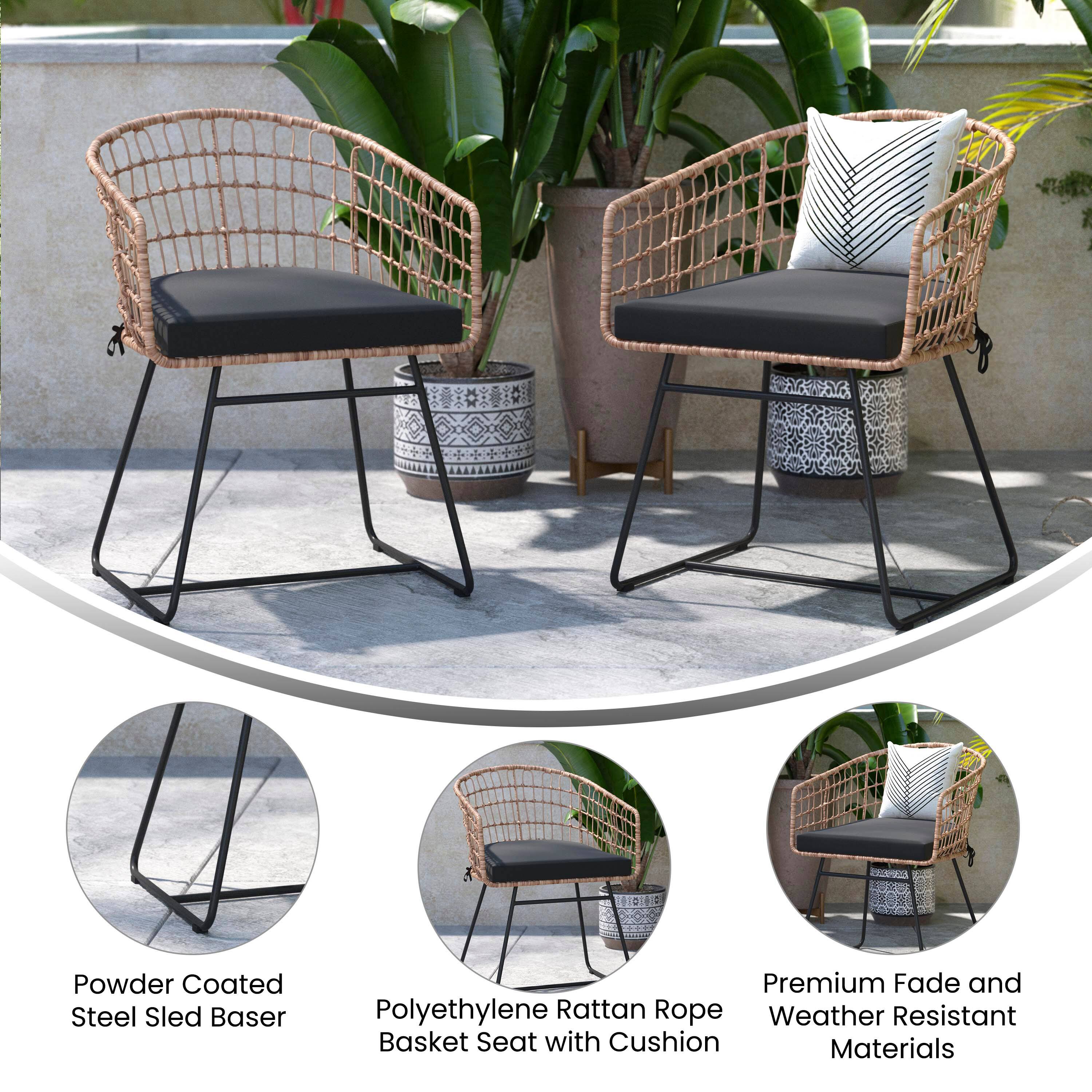 Powder Coated Steel Sled Baser Premium Fade and Polyethylene Rattan Rope Weather Resistant Basket Seat with Cushion Materials