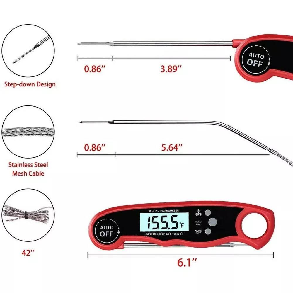 - Step-down Design: 0.86"
- Stainless Steel Mesh Cable: 0.86" x 5.64"
- Digital Thermometer: 6.1" x 42"
- Temperature Range: -50°C to 300°C / -58°F to 572°F
- Auto Off
- 155.5°F
- Alarm Set
- Hold and Calibrate Options
