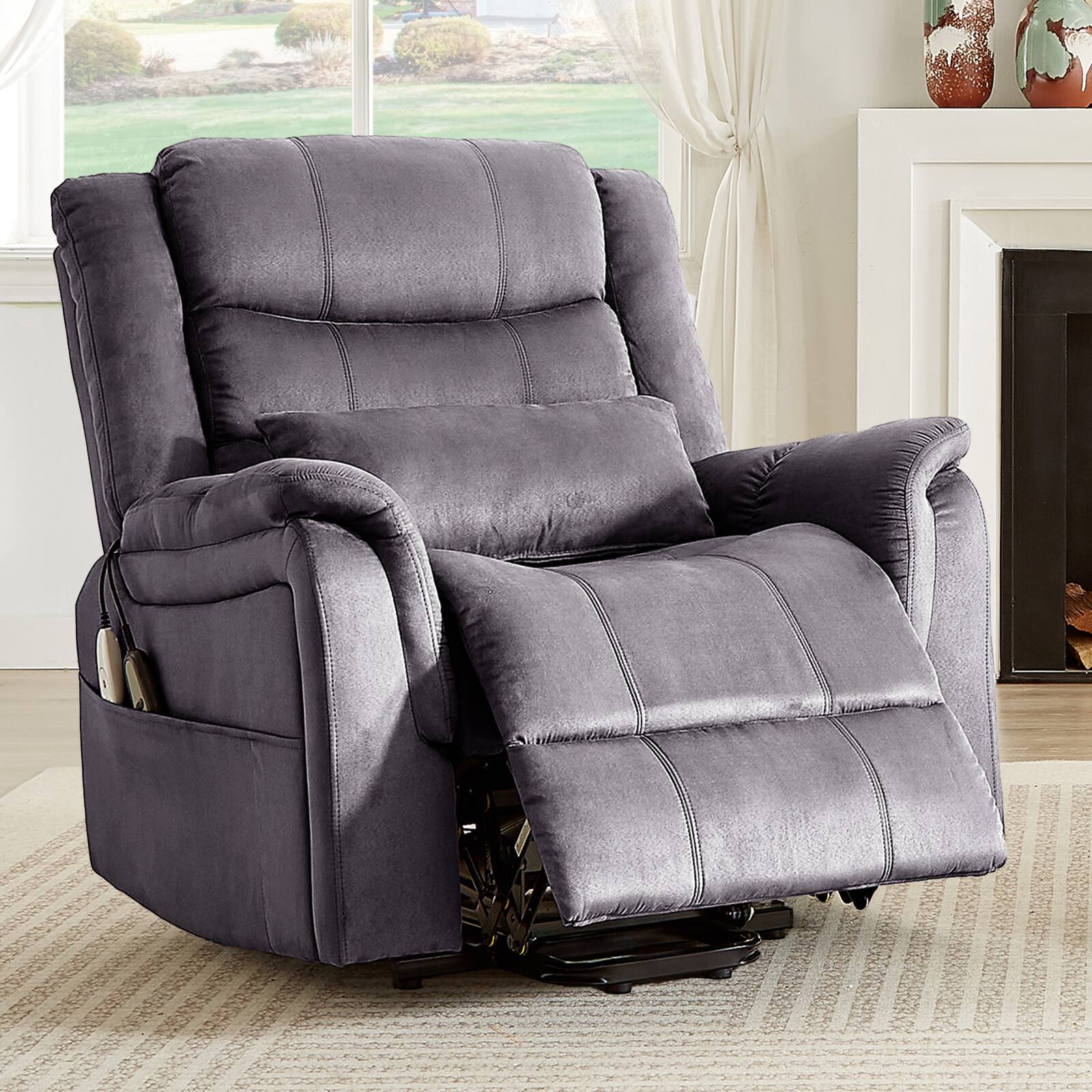 Back. Bestier - Elderly Recliner with 8-Point Massage & Lumbar Heating, 350lbs Capacity, Lift Assist Function - Grey.