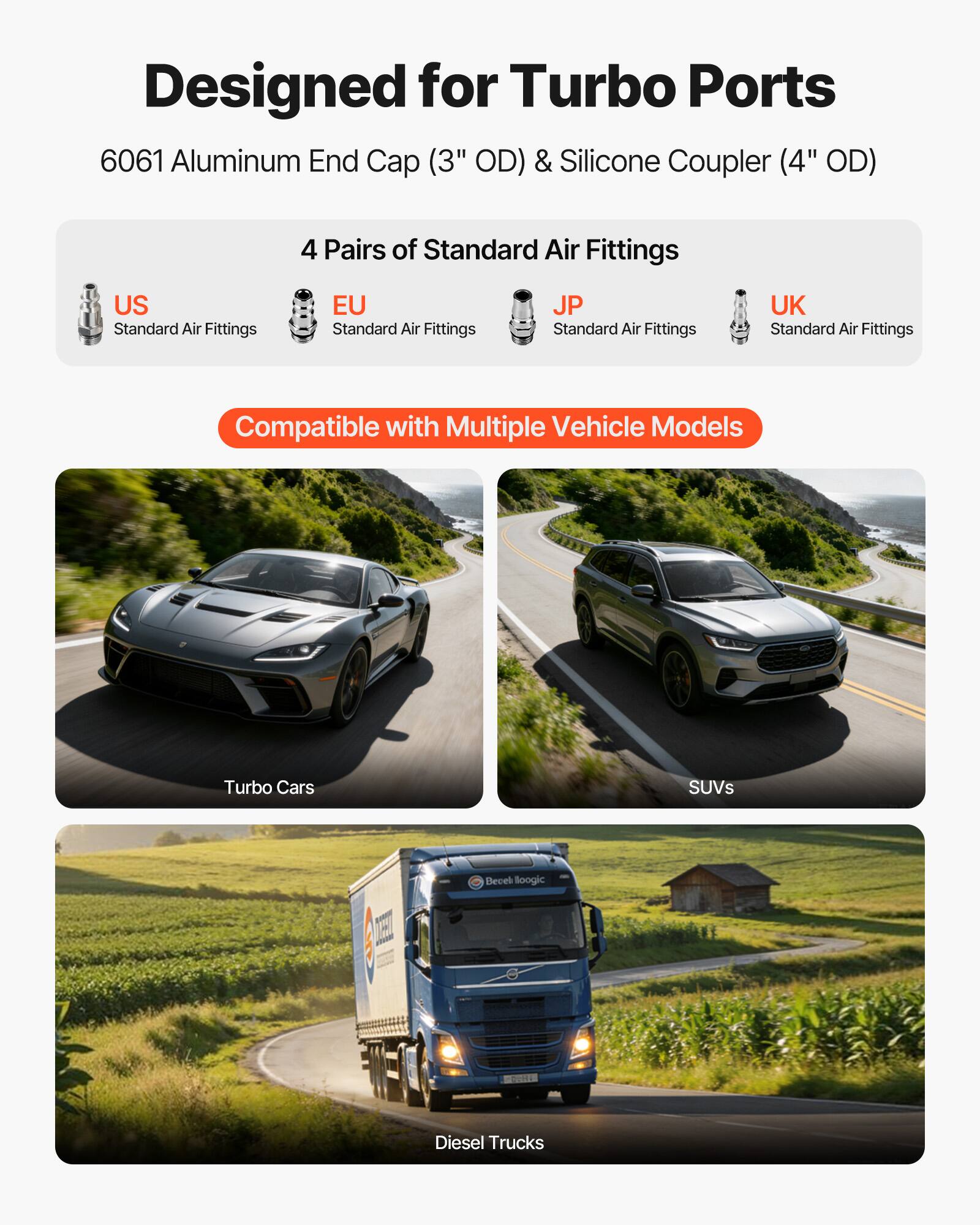 Designed for Turbo Ports  
6061 Aluminum End Cap (3" OD) & Silicone Coupler (4" OD)  

4 Pairs of Standard Air Fittings  
- US Standard Air Fittings  
- EU Standard Air Fittings  
- JP Standard Air Fittings  
- UK Standard Air Fittings  

Compatible with Multiple Vehicle Models  
- Turbo Cars  
- SUVs  
- Diesel Trucks