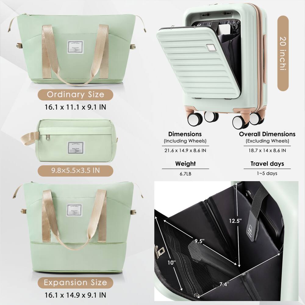 20 inch

Ordinary Size
16.1 x 11.1 x 9.1 IN

Dimensions (Including Wheels)
21.6 x 14.9 x 8.6 IN

Overall Dimensions (Excluding Wheels)
18.7 x 14 x 8.6 IN

Weight
6.7LB

Travel days
1~5 days

Expansion Size
16.1 x 14.9 x 9.1 IN

9.8 x 5.5 x 3.5 IN

12.5"
9.5"
10"
7.4"