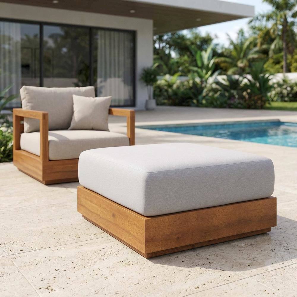 Left. Outdoor Escape - Outdoor Patio Ottoman with Acacia Wood Top and Stylish Design - Gray.