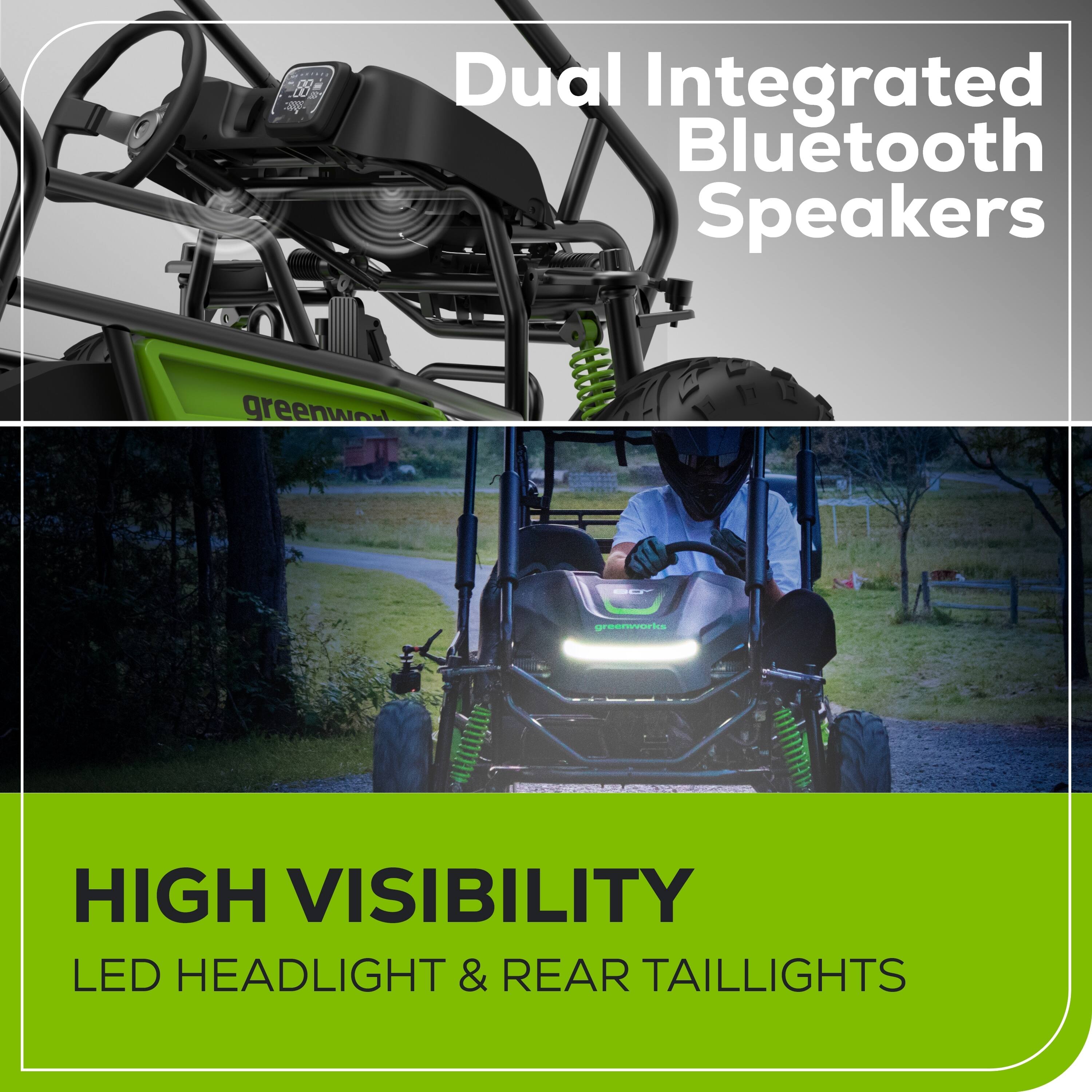 B8 a 3 Dual Integrated Bluetooth Speakers greenworks HIGH VISIBILITY LED HEADLIGHT & REAR TAILLIGHTS