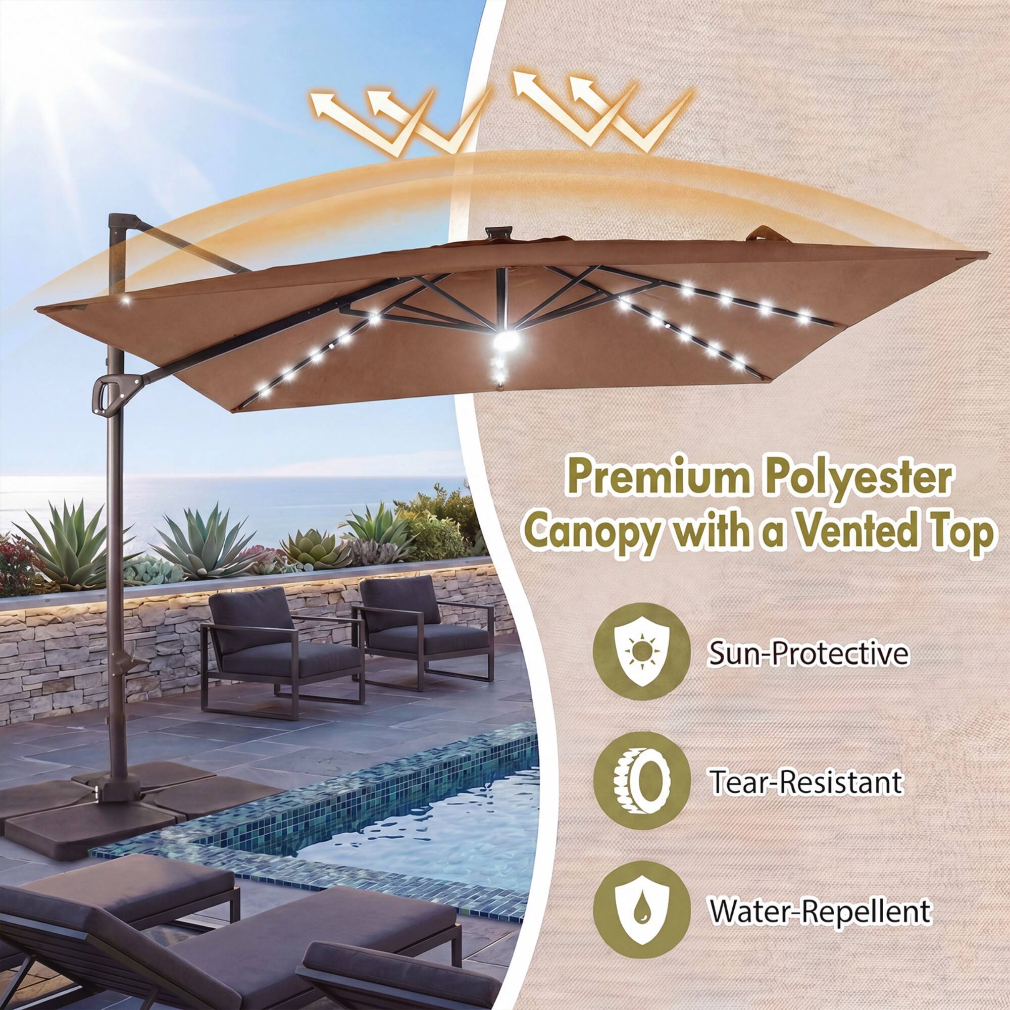 Premium Polyester Canopy with a Vented Top

- Sun-Protective
- Tear-Resistant
- Water-Repellent