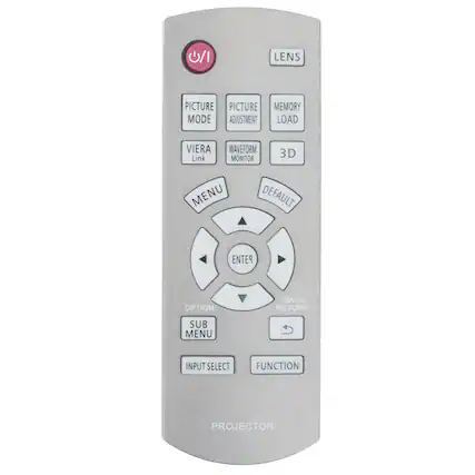 - LENS
- PICTURE MODE
- PICTURE ADJUSTMENT
- MEMORY LOAD
- VIERA Link
- WAVEFORM MONITOR
- 3D
- MENU
- DEFAULT
- ENTER
- OPTION
- BACK/RETURN
- SUB MENU
- INPUT SELECT
- FUNCTION
- PROJECTOR