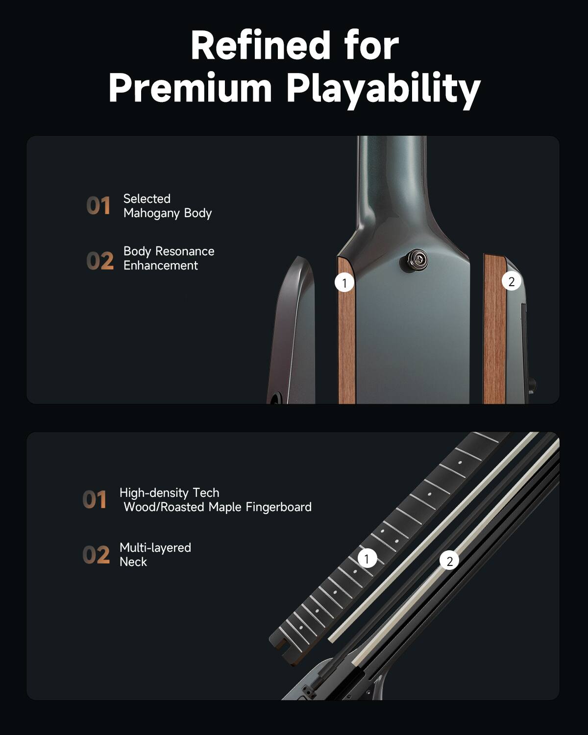 Refined for Premium Playability

01 Selected Mahogany Body  
02 Body Resonance Enhancement

01 High-density Tech Wood/Roasted Maple Fingerboard  
02 Multi-layered Neck