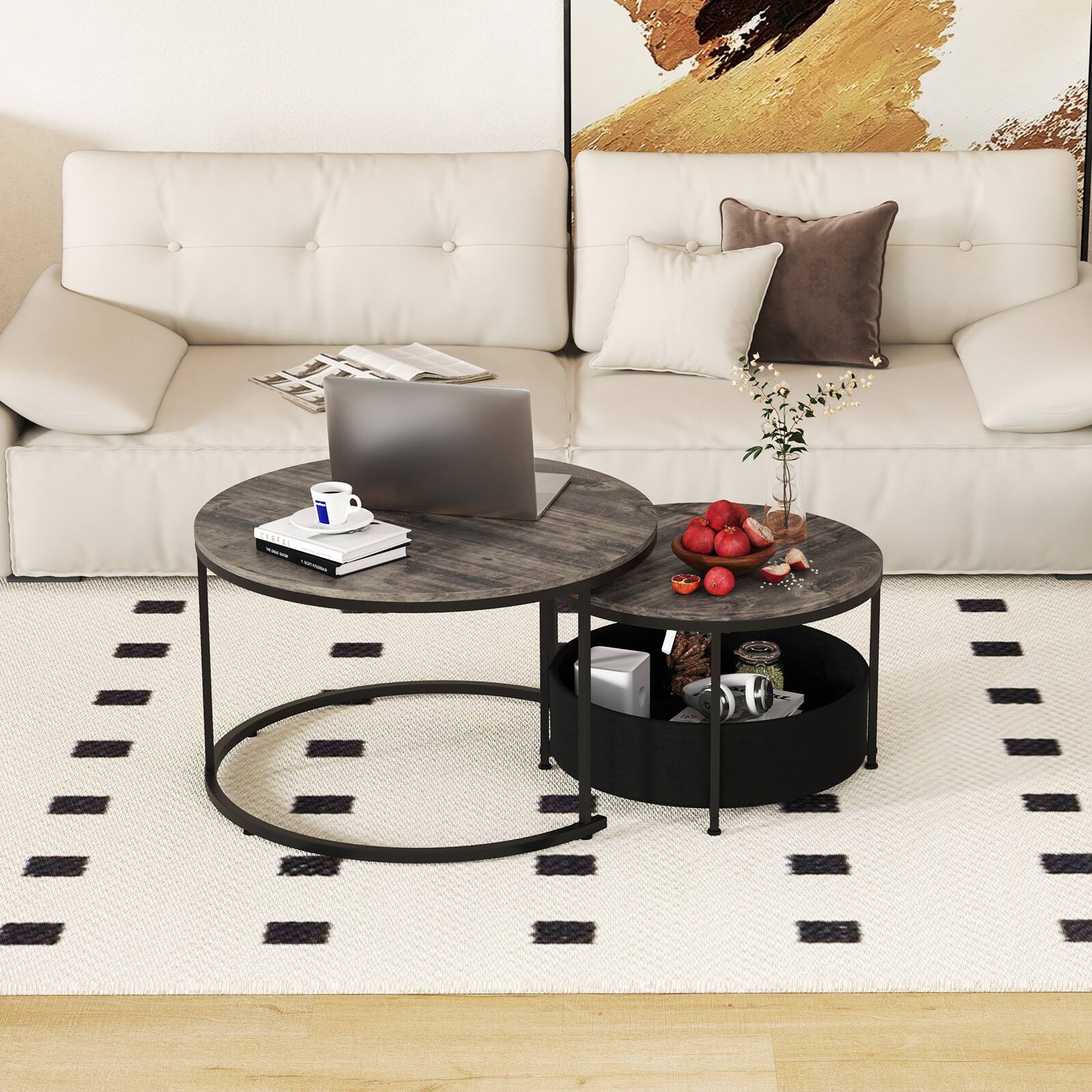 Alt View 1. Gymax - Gymax Round Coffee Table Set of 2 Circle Cocktail Table w/ Fabric Storage Basket - Gray.
