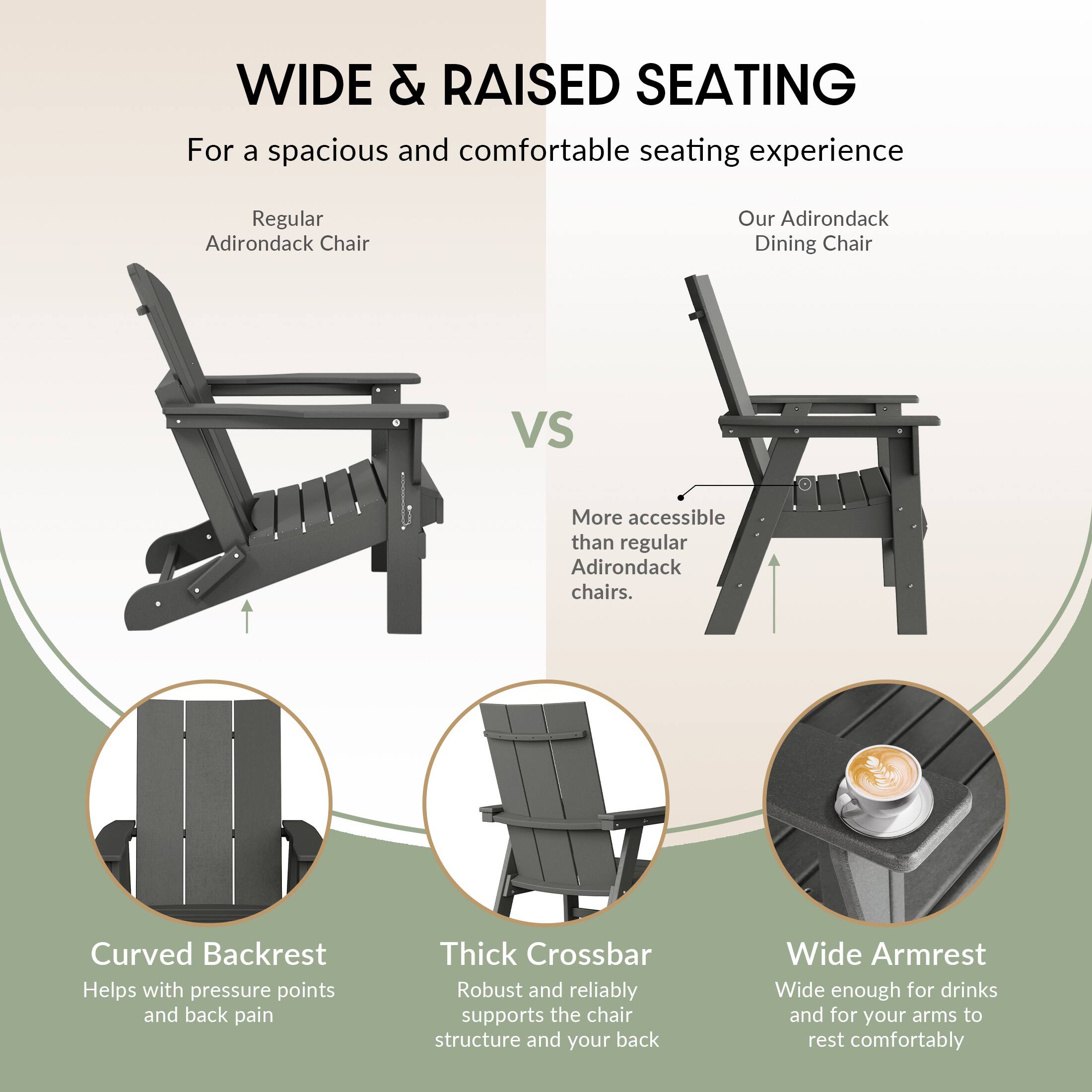 WIDE & RAISED SEATING  
For a spacious and comfortable seating experience

Regular Adirondack Chair  
VS  
Our Adirondack Dining Chair  
More accessible than regular Adirondack chairs.

- Curved Backrest  
  Helps with pressure points and back pain

- Thick Crossbar  
  Robust and reliably supports the chair structure and your back

- Wide Armrest  
  Wide enough for drinks and for your arms to rest comfortably