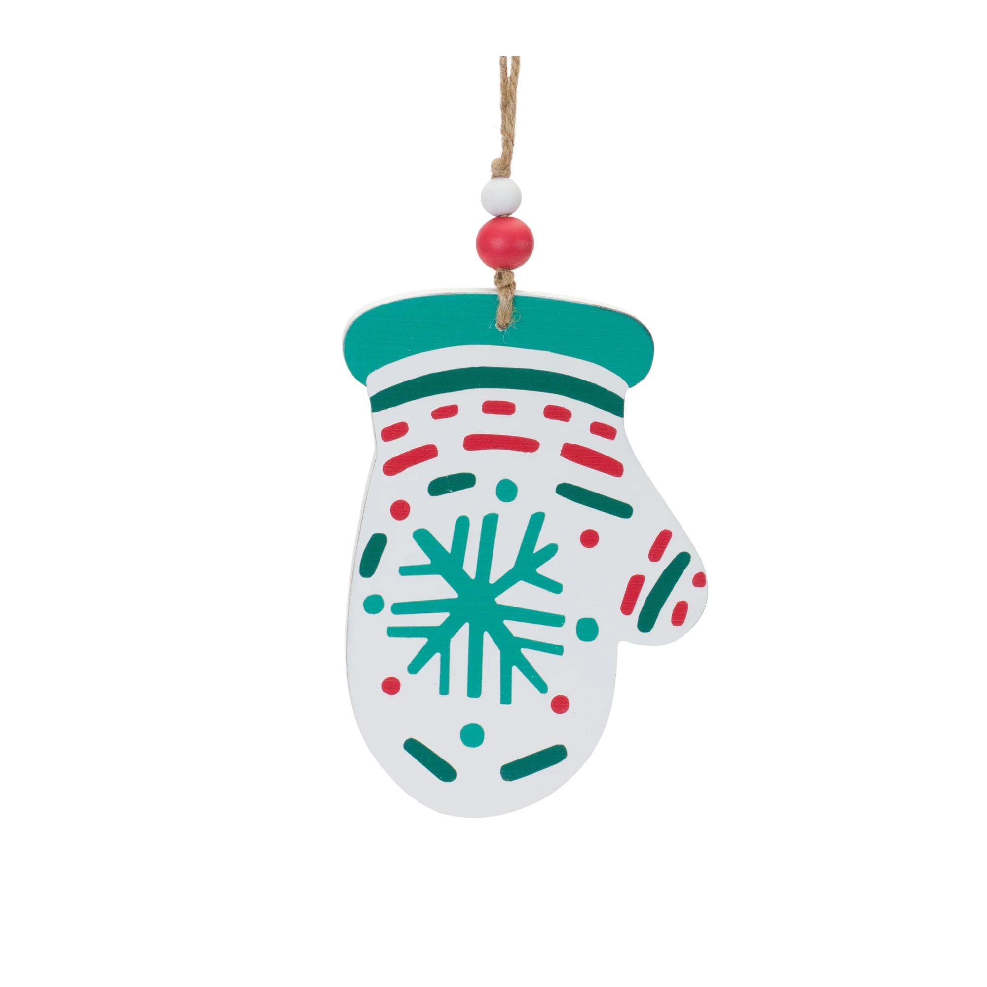 Left. BreeBe - Wood Mitten and Stocking Ornaments (Set of 12) - Green, Red, White.