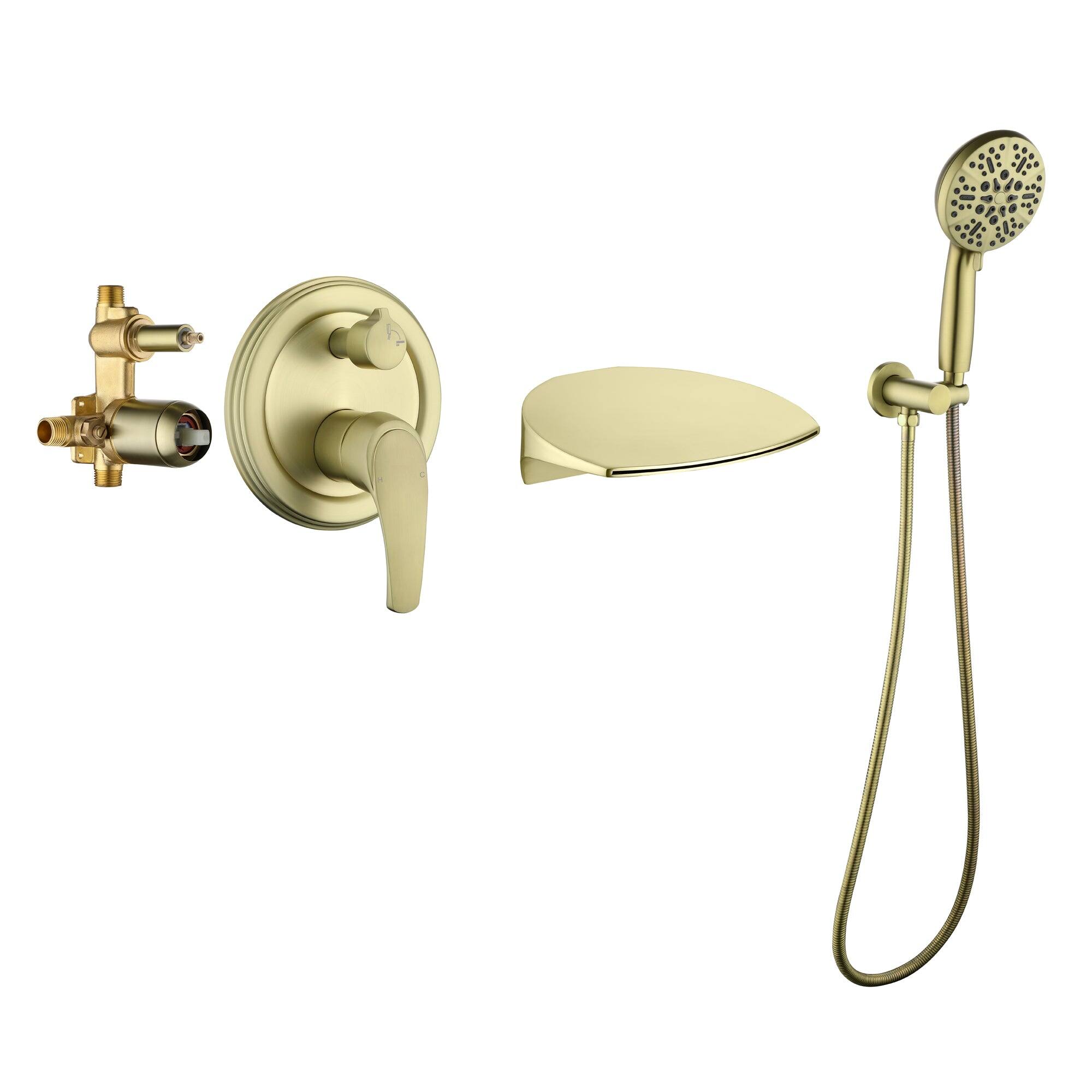 Left. Boyel Living - Wall Mount Single Handle 7 Spray Tub and Shower Faucet with Handheld Shower in Brushed Gold Valve Included - Brushed Gold.