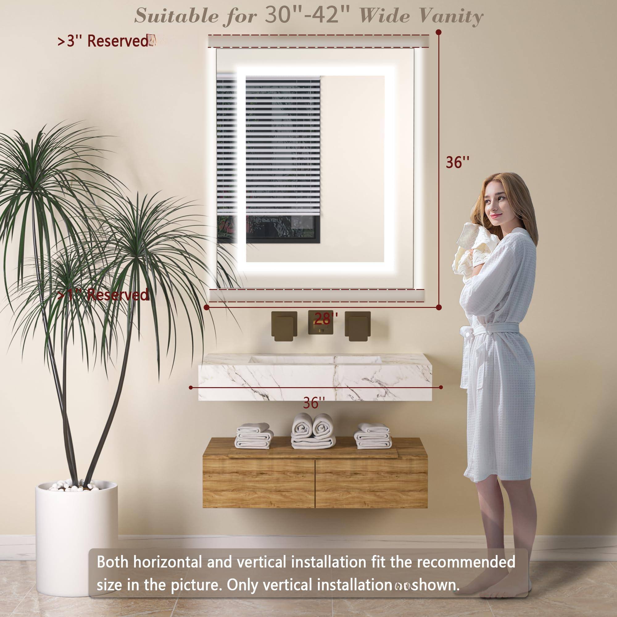 Suitable for 30"-42" Wide Vanity

>3" Reserved

Both horizontal and vertical installation fit the recommended size in the picture. Only vertical installation is shown.