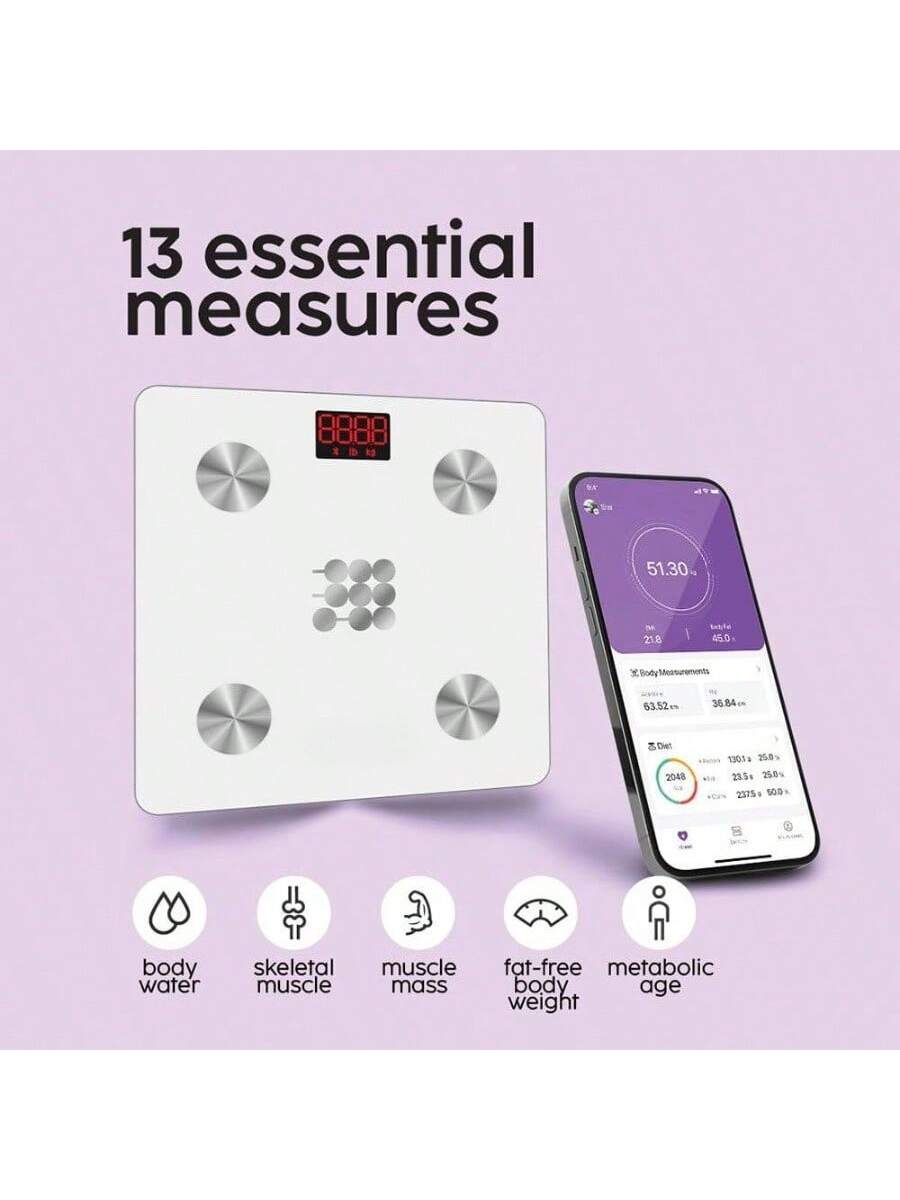 13 essential measures

- Body water
- Skeletal muscle
- Muscle mass
- Fat-free body weight
- Metabolic age

Measurements:
- Height: 51.30 M
- Weight: 51.30 kg
- Body Measurements: 63.52 cm, 36.84 cm
- Diet: 2048 kcal, 237% (2275 kcal), 250% (2500 kcal)
- Body water: 20.5g
- Skeletal muscle: 250%
- Muscle mass: 237%
- Fat-free body weight: 500