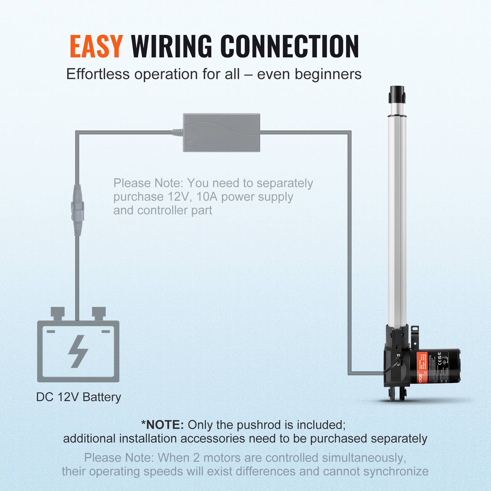EASY WIRING CONNECTION  
Effortless operation for all - even beginners  

Please Note: You need to separately purchase 12V, 10A power supply and controller part  

DC 12V Battery  

*NOTE: Only the pushrod is included; additional installation accessories need to be purchased separately  

Please Note: When 2 motors are controlled simultaneously, their operating speeds will exist differences and cannot synchronize