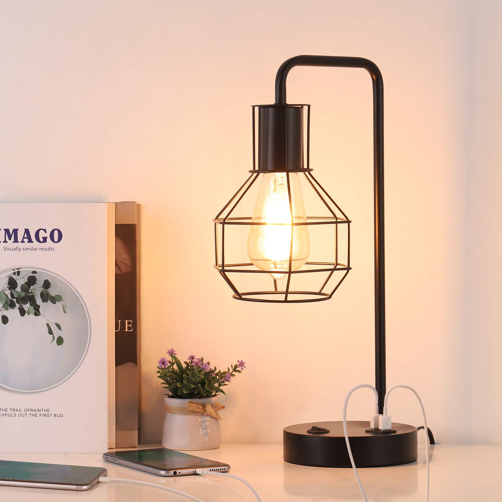 Oumilen - USB Modern Table Lamp with Outlet & Dual Charging Ports, Industrial Black Desk Lamp for Bedroom Office