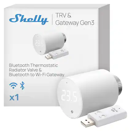 Shelly TRV & Gateway Gen3
Bluetooth Thermostatic Radiator Valve & Bluetooth to Wi-Fi Gateway x1