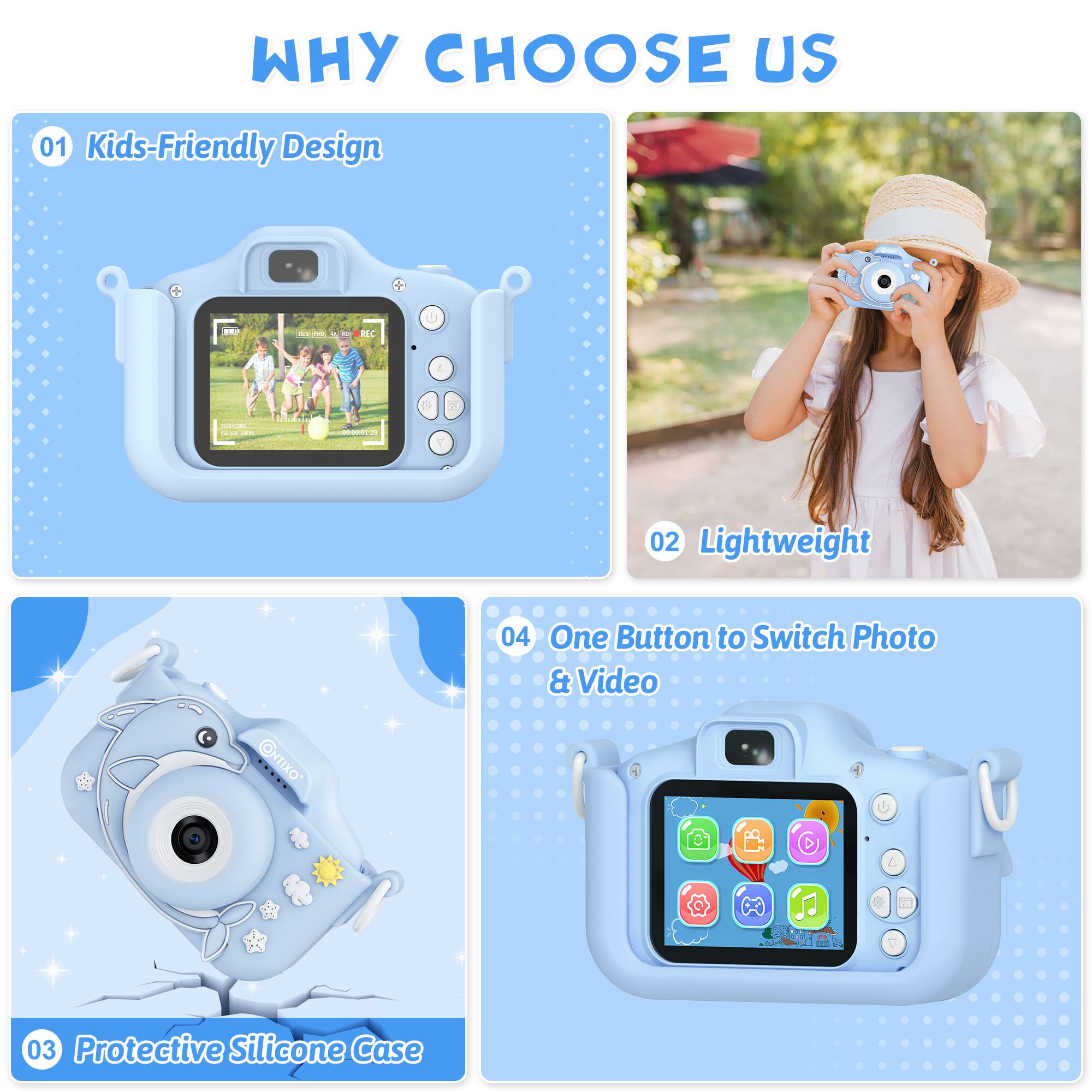 The text on the image is grouped and corrected as follows:
1. Kids-Friendly Design
2. Lightweight
3. One Button to Switch Photo & Video
4. Protective Silicone Case