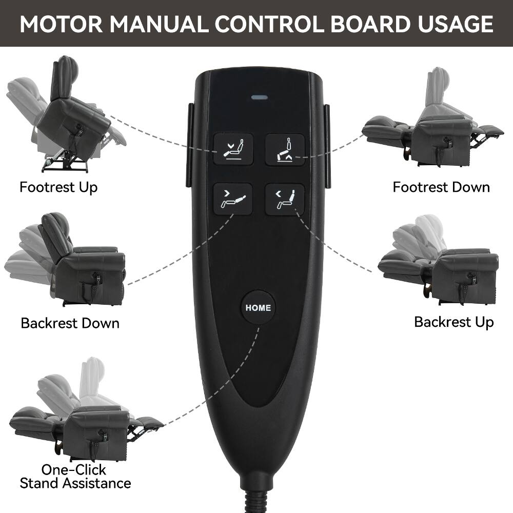 MOTOR MANUAL CONTROL BOARD USAGE

- Footrest Up
- Footrest Down
- Backrest Down
- HOME
- Backrest Up
- One-Click Stand Assistance