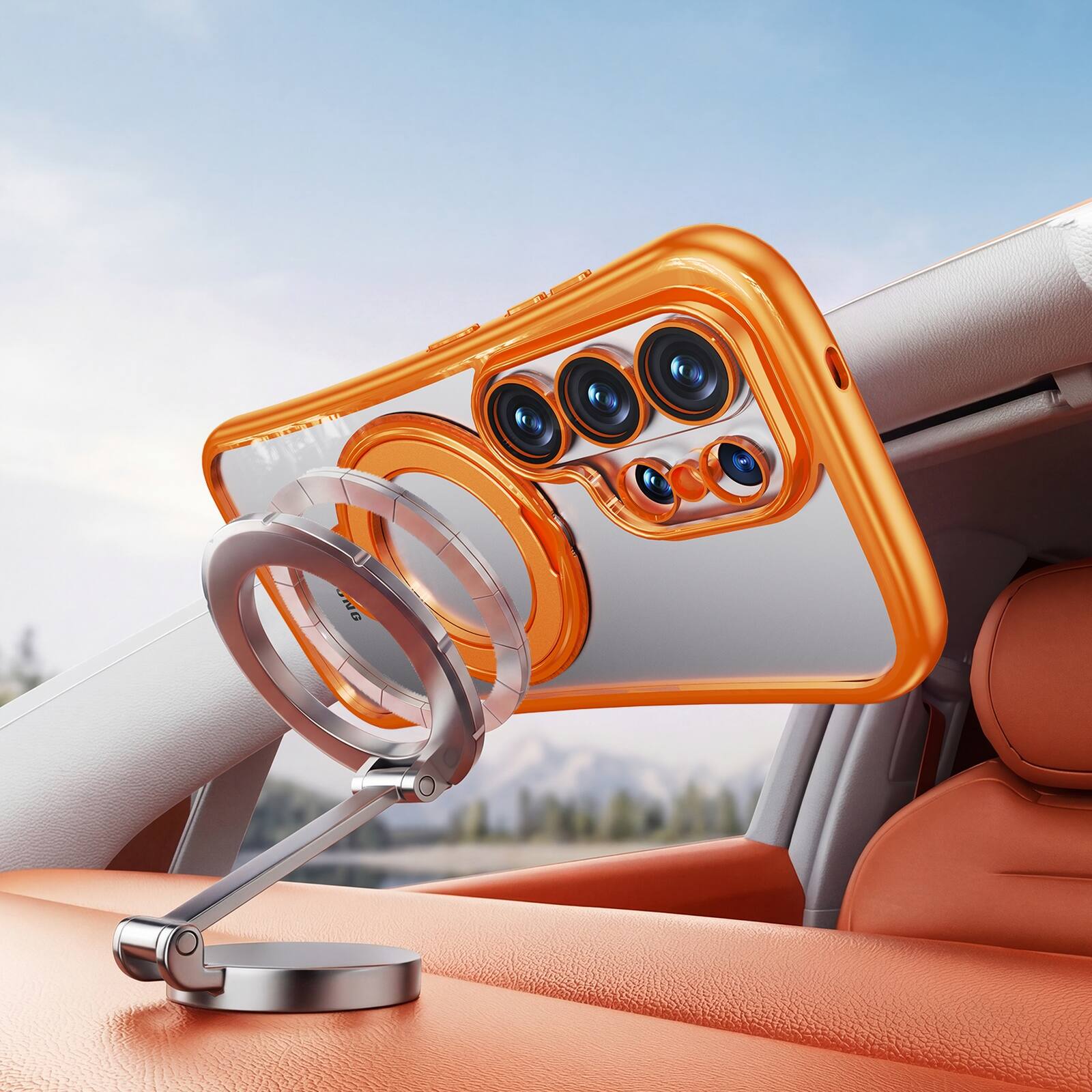Back. Dteck - Magnetic Case for Samsung Galaxy S26 Ultra with 360 Ring Stand and Strap, Shockproof TPU Cover Built-in Lens Protector - Orange.