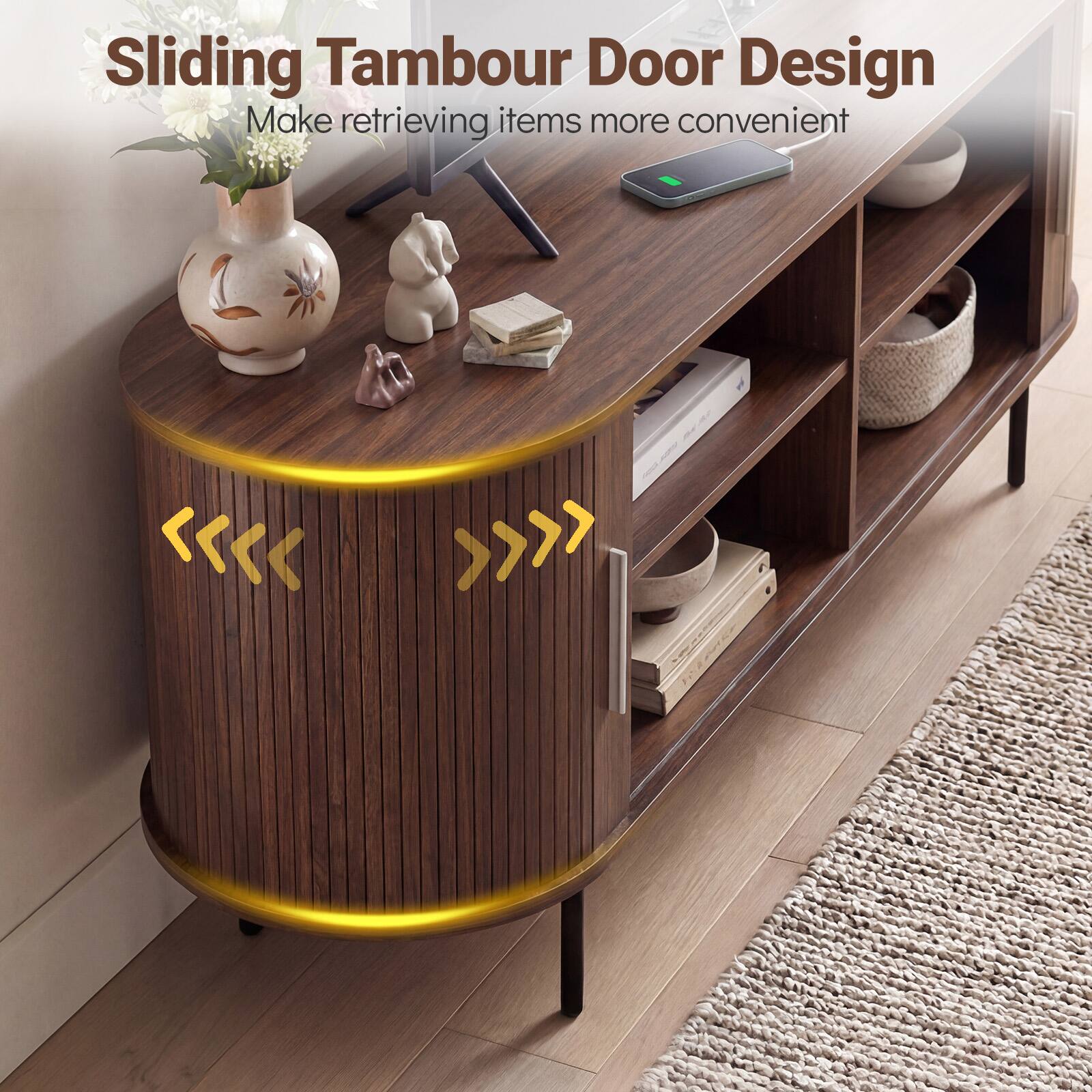 Sliding Tambour Door Design  
Make retrieving items more convenient