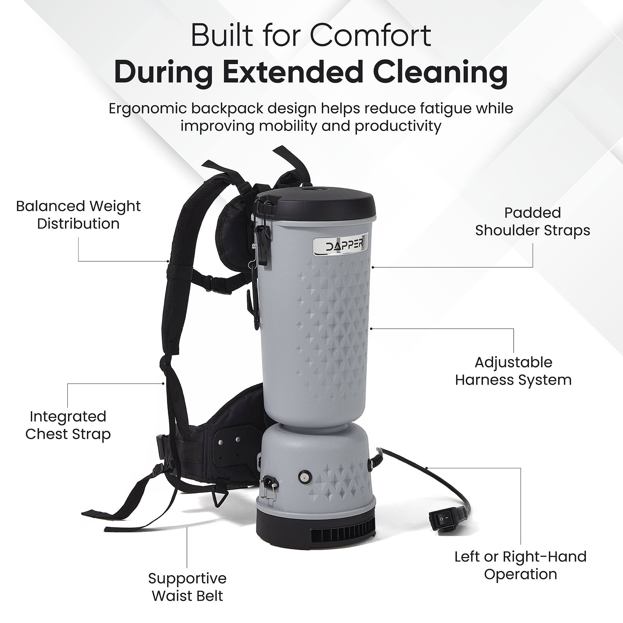 Built for Comfort During Extended Cleaning

Ergonomic backpack design helps reduce fatigue while improving mobility and productivity

- Balanced Weight Distribution
- Padded Shoulder Straps
- Adjustable Harness System
- Integrated Chest Strap
- Supportive Waist Belt
- Left or Right-Hand Operation