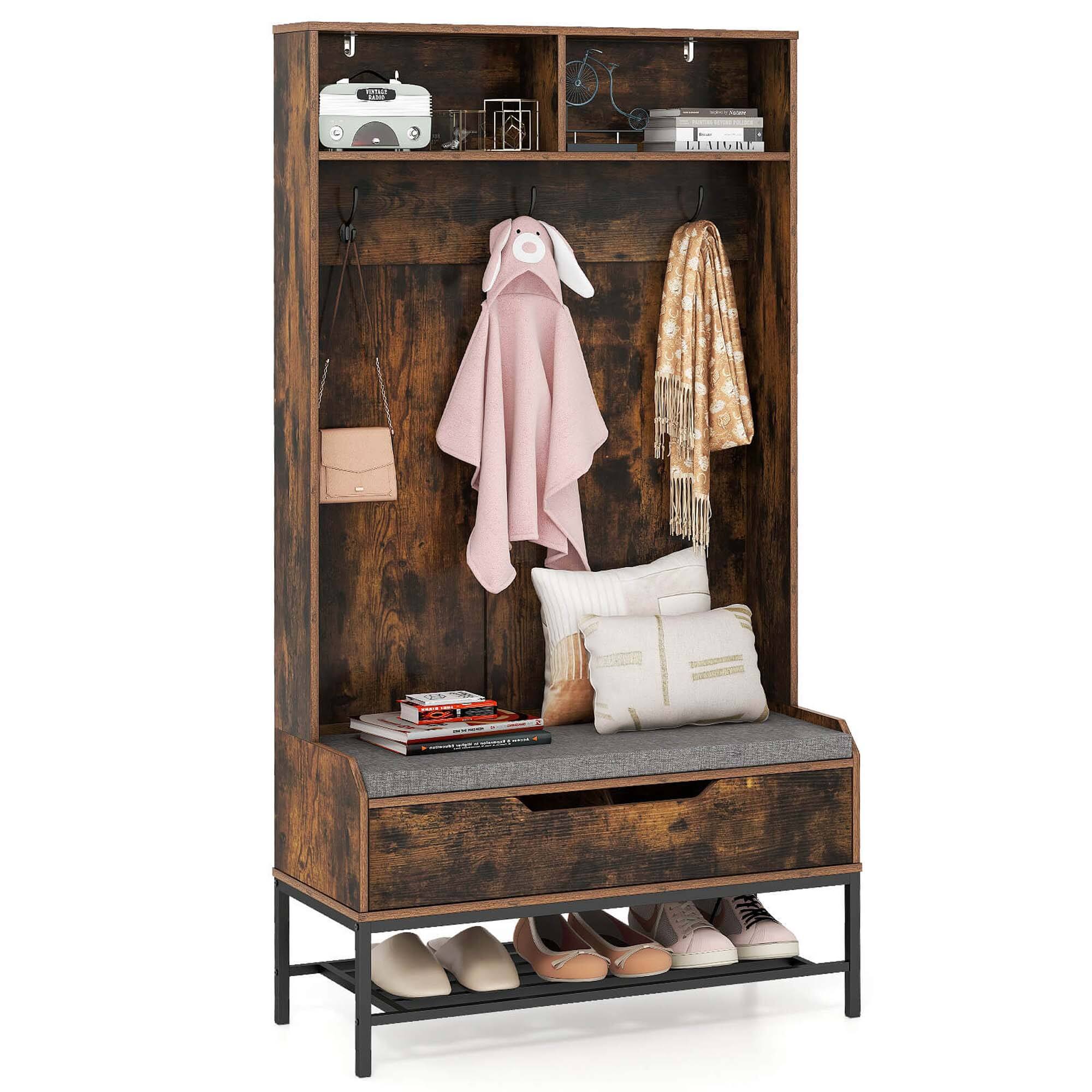 Costway - 69" Tall Hall Tree with Seat Cushion Open Compartments Hooks Lift-top Storage - Rustic Brown