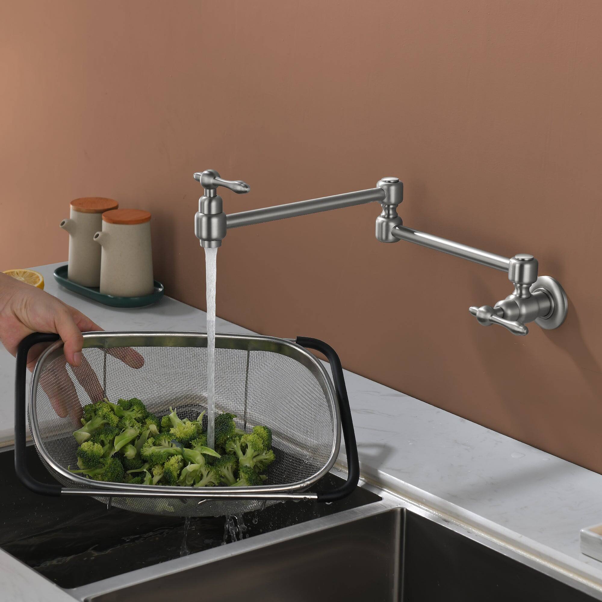 Alt View 10. Boyel Living - Brushed Nickel Wall Mounted Double Handle Pot Filler 1.8 GPM with Ceramic Cartridge and Mounting Hardware - Brushed Nickel.