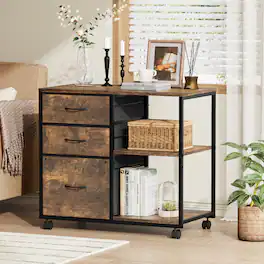 Winado - Mobile 3-Drawer Rolling Filing Under-Desk File Cabinet with Adjustable Storage 2 Shelves, 28" Tabletop Printer Stand - Rustic Brown