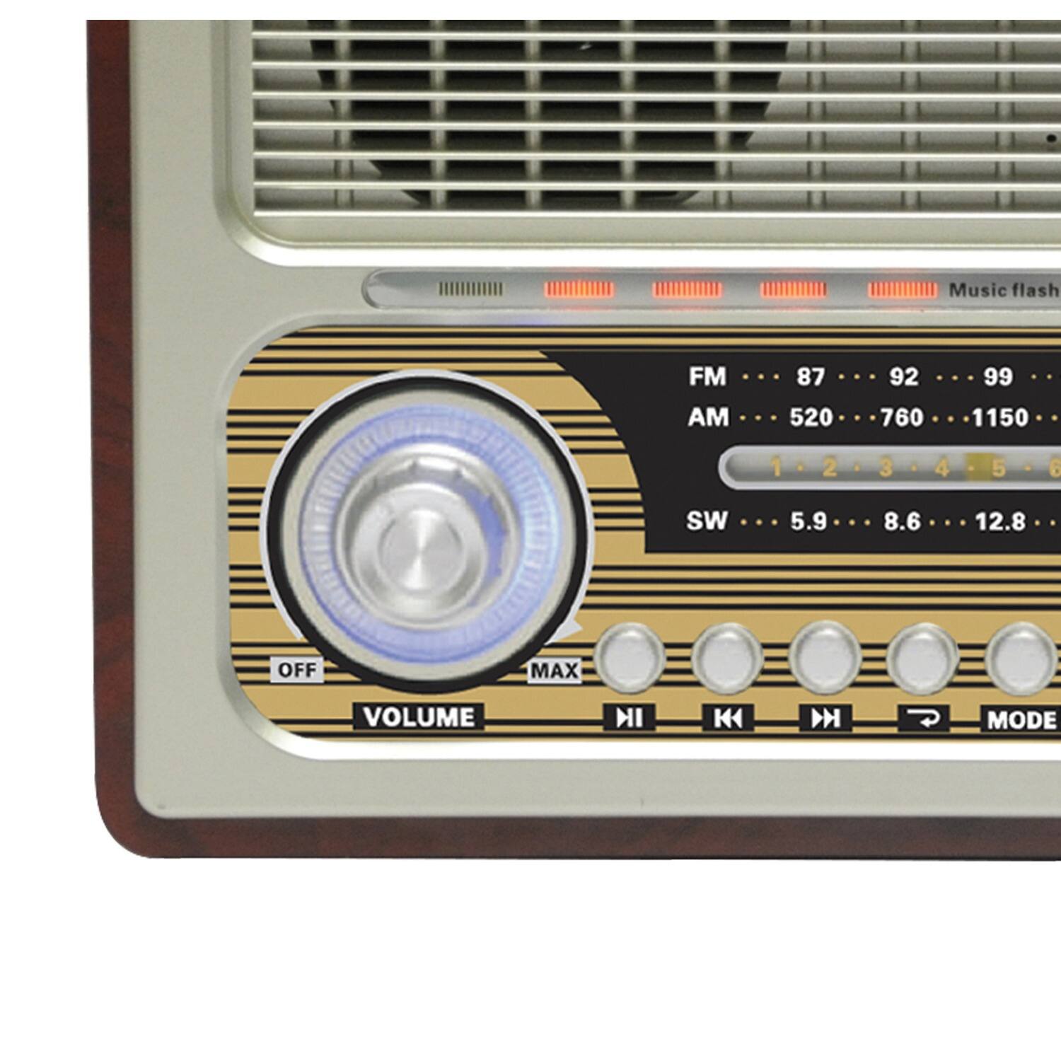 Music flash  
FM 87 92 99  
AM 520 760 1150  
SW 5.9 8.6 12.8  
1 2 3 4 5 6  
OFF MAX  
VOLUME  
HI K D MODE