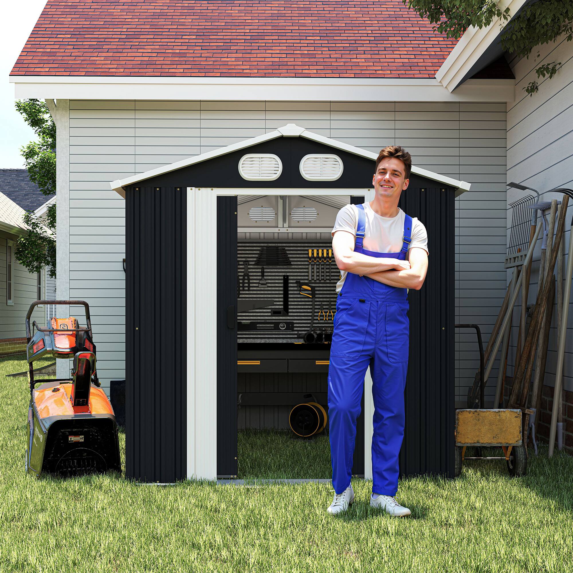Left. Anysun - 6x8ft Metal Storage Shed with Lockable Door & Air Vents, Heavy-Duty Outdoor Garden Tool Shed for Backyard, Garden - Dark Gray.