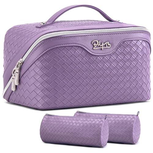 Front. ESBANY - Travel Makeup Bag Cosmetic Bags for Women: Large Capacity 3 Pcs Set Make up Bag with Compartments - Waterproof Vegan - L01 Purple.