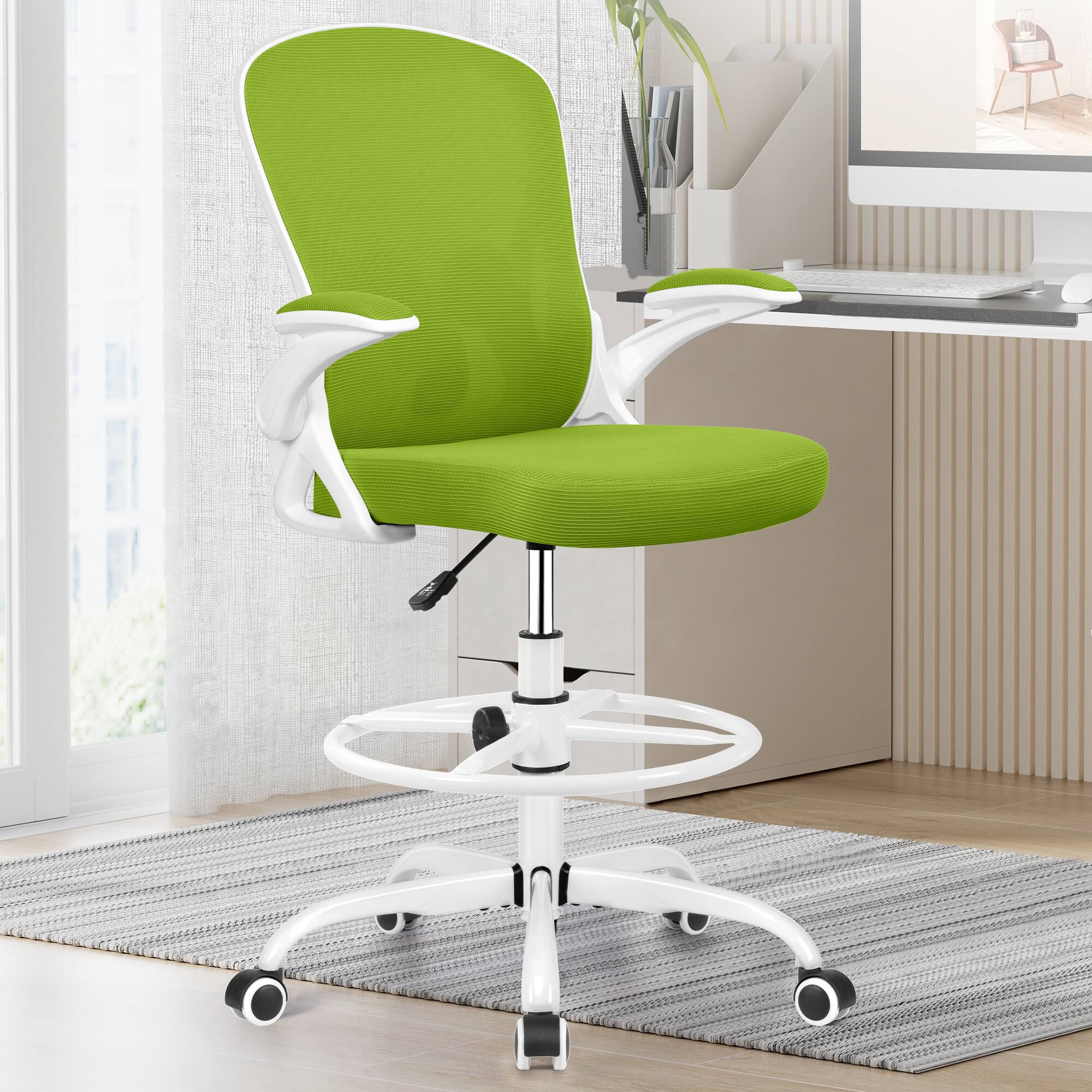 Left. Brick Attic - Drafting Chair, Tall Office Chair Ergonomic Desk Chair, Task Rolling Chair with Adjustable Flip-up Armrests Foot Ring - Green.