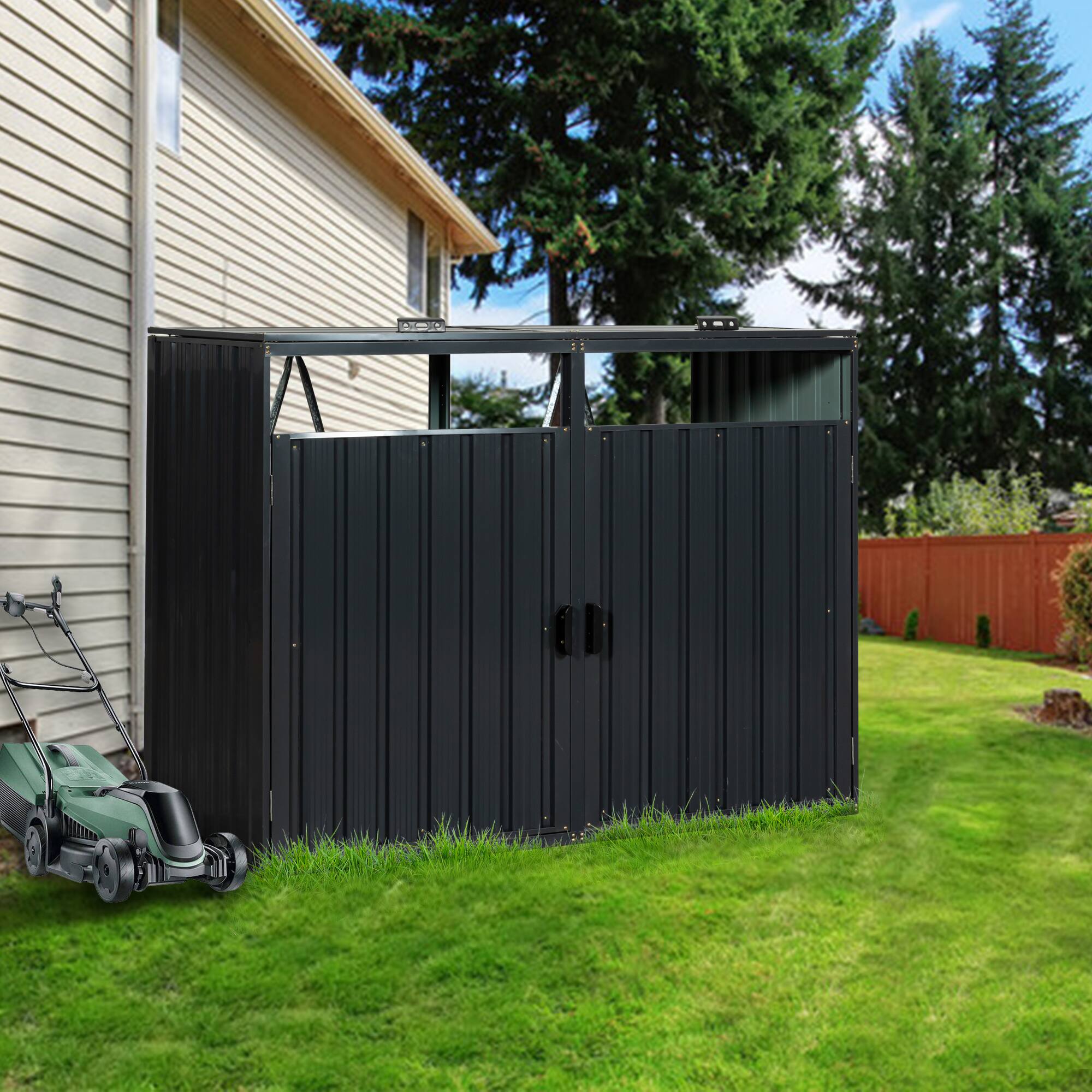Angle. Mondawe - 2 Trash Cans Metal Outdoor Bin Shed - Charcoal.