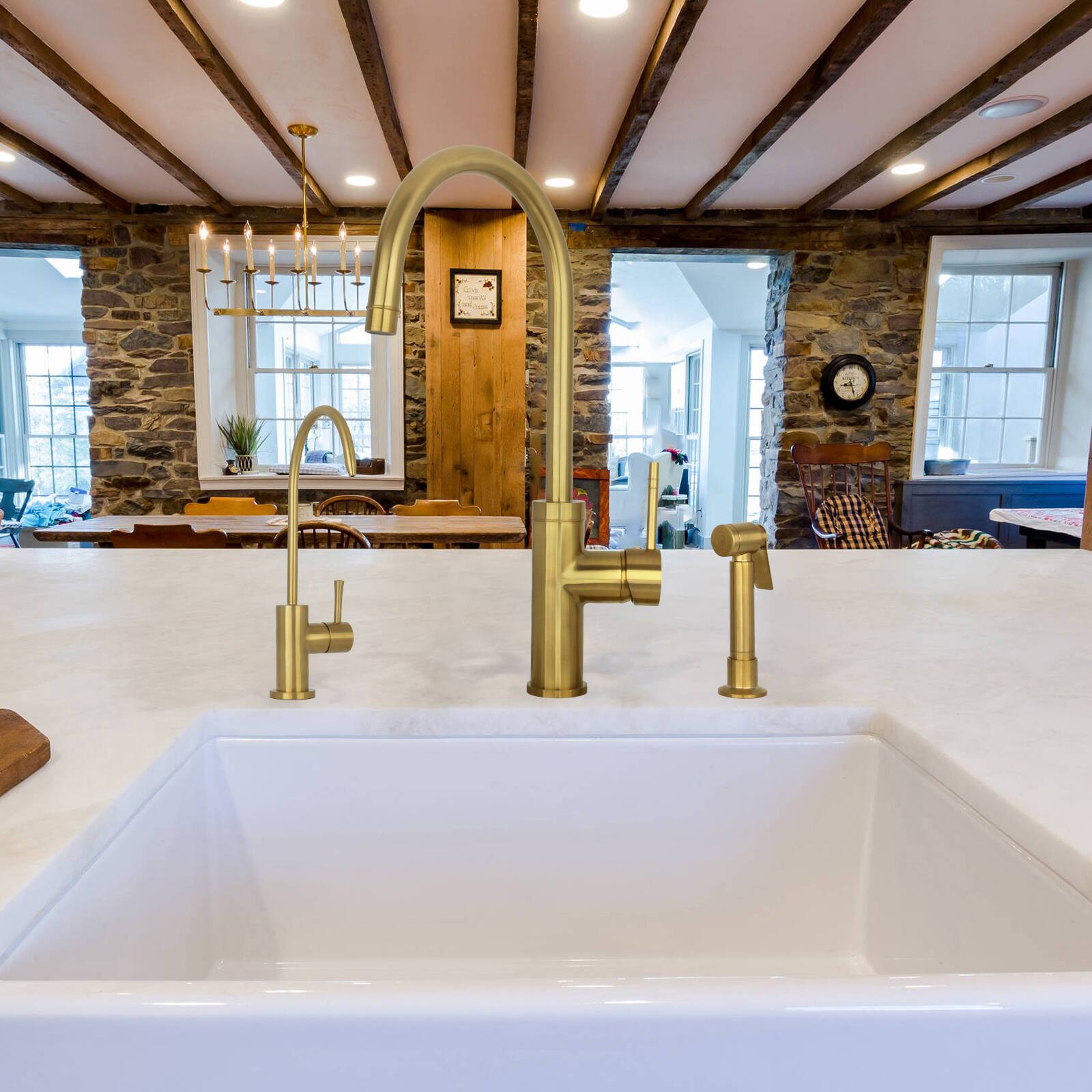 Alt View 5. Akicon - Akicon Solid Brass Single Handle 360° Swivel Widespread Kitchen Faucet with Side Sprayer in Brushed Gold - Brushed Gold.