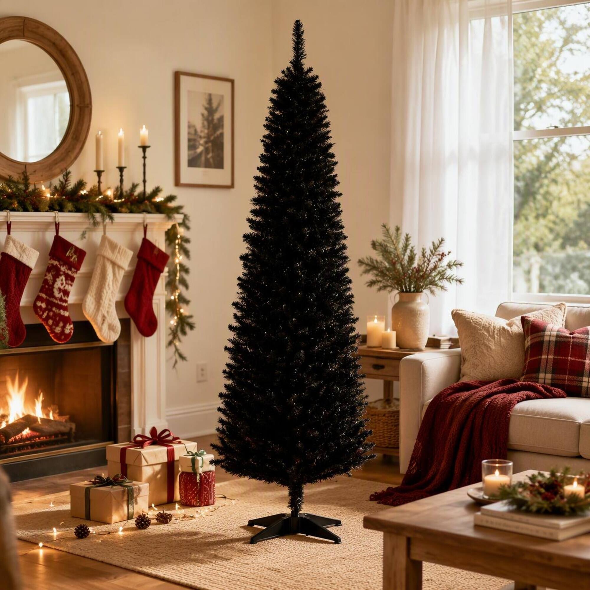 Angle. RYHNUYNE - Slim Artificial Christmas Tree With Realistic Branch Tips, Plastic Stand Hinged Design Easy Setup Holiday Decor - Black.