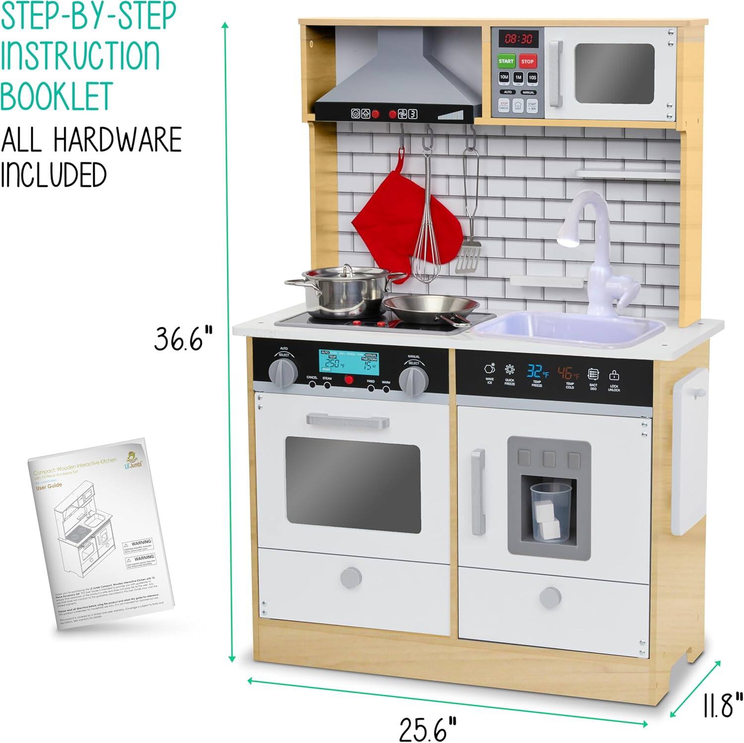 STEP-BY-STEP INSTRUCTION BOOKLET ALL HARDWARE INCLUDED 0 E 08:30 SIART SmoP - - D 36.6" 32  - 46 - - mctve smen - UUr Compast - Dulide - NAMUNAL 25.6" 11.8"