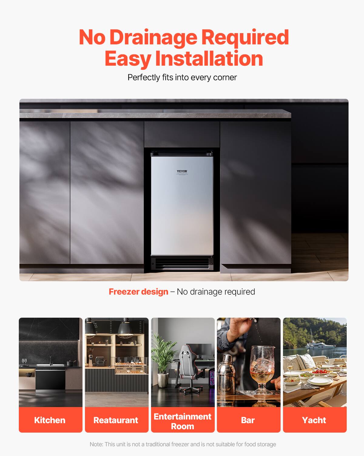 No Drainage Required  
Easy Installation  
Perfectly fits into every corner  

Freezer design – No drainage required  

Kitchen  
Restaurant  
Entertainment Room  
Bar  
Yacht  

Note: This unit is not a traditional freezer and is not suitable for food storage