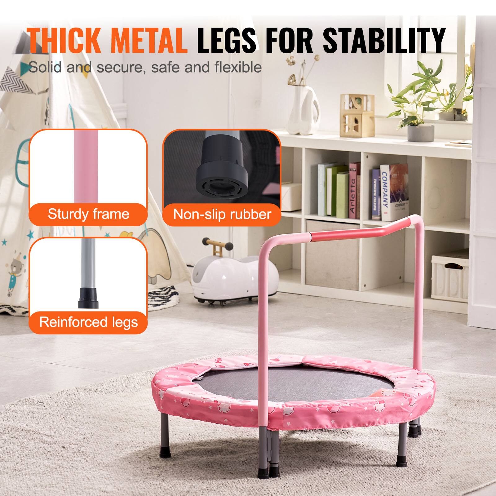 Thick metal legs for stability. Solid and secure, safe and flexible. Sturdy frame. Non-slip rubber. Reinforced legs.