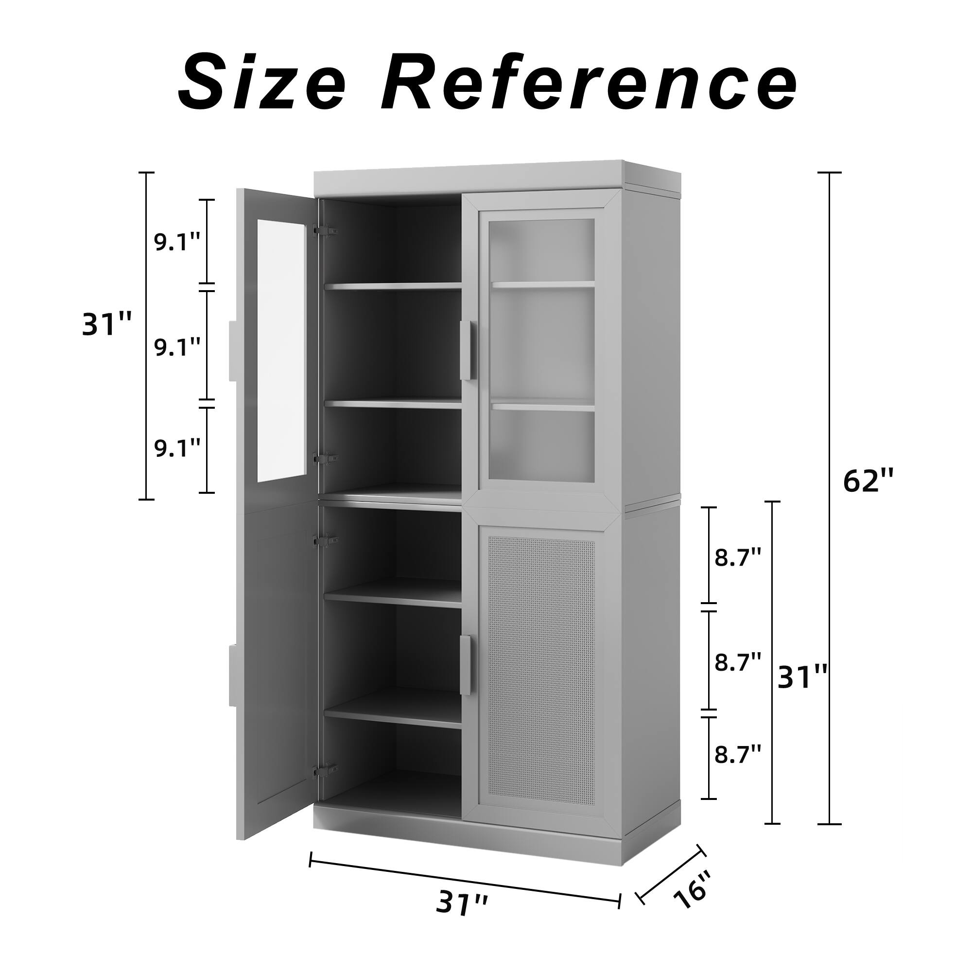 Size Reference

- Height: 62"
- Width: 31"
- Depth: 16"
- Shelf Height: 9.1"
- Drawer Height: 8.7"