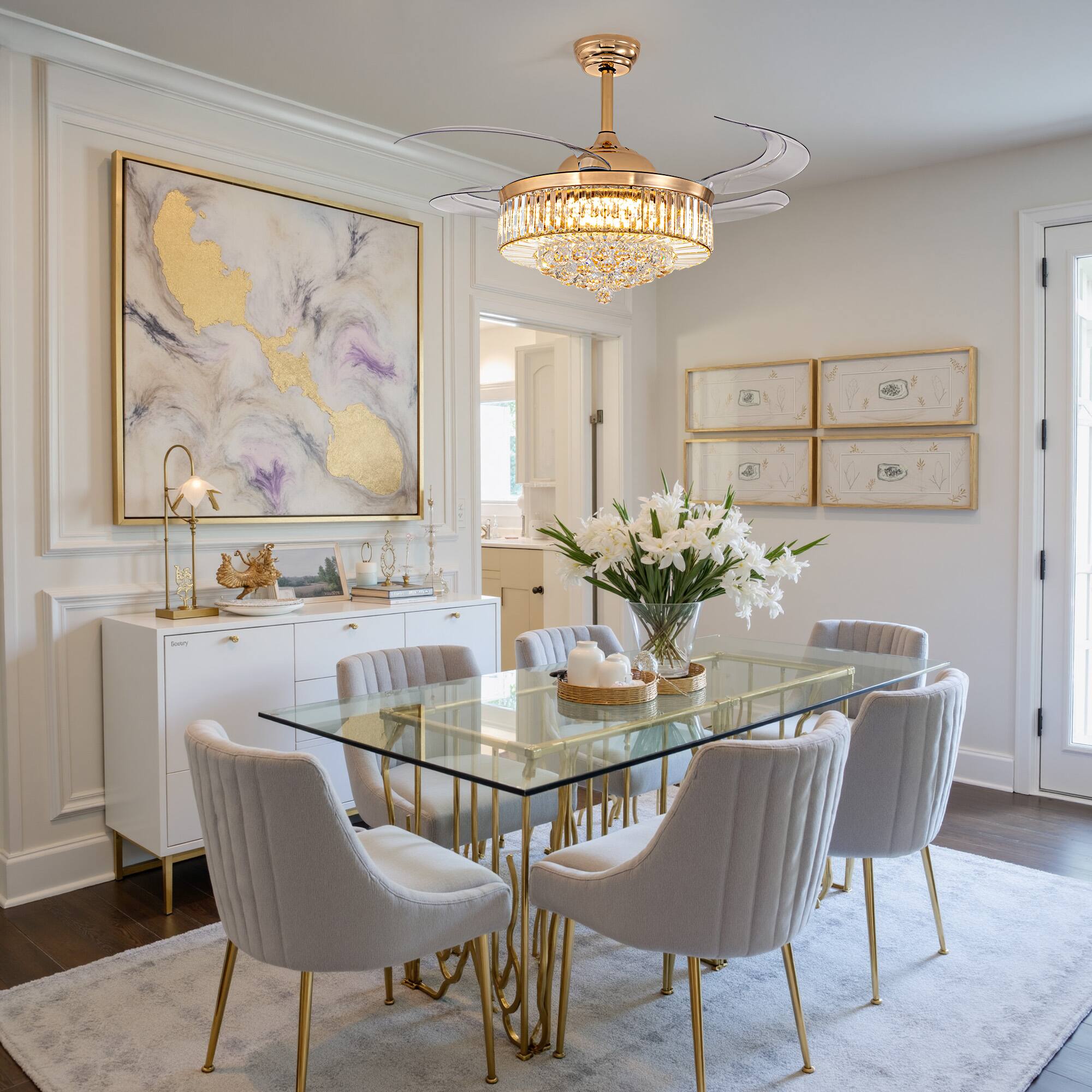 Left. Siljoy - 48-Inch Gold Modern Crystal Retractable Ceiling Fan with LED Light for Living Room Bedroom Kitchen - Gold.