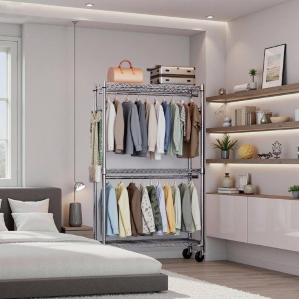 Alt View 1. LUCKY ONE - 79.6" H 3-Tier Heavy Duty Rolling Garment Rack w/ 2 Rods Side Hooks Adjustable - Chrome.