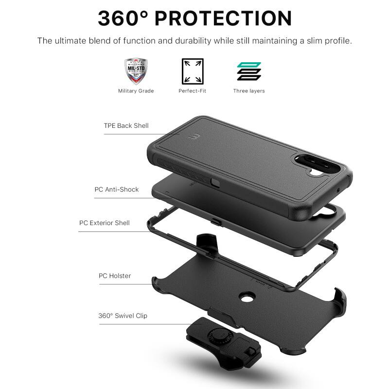 360° PROTECTION
The ultimate blend of function and durability while still maintaining a slim profile.
MIL-STD
Military Grade
Perfect-Fit
Three layers
TPE Back Shell
PC Anti-Shock
PC Exterior Shell
PC Holster
360° Swivel Clip
